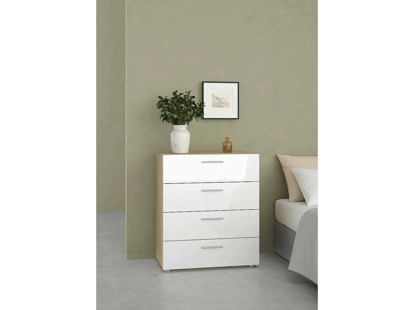 Dmora - Cassettiera Asam, 70x40 h82 cm, Quercia e Bianco lucido