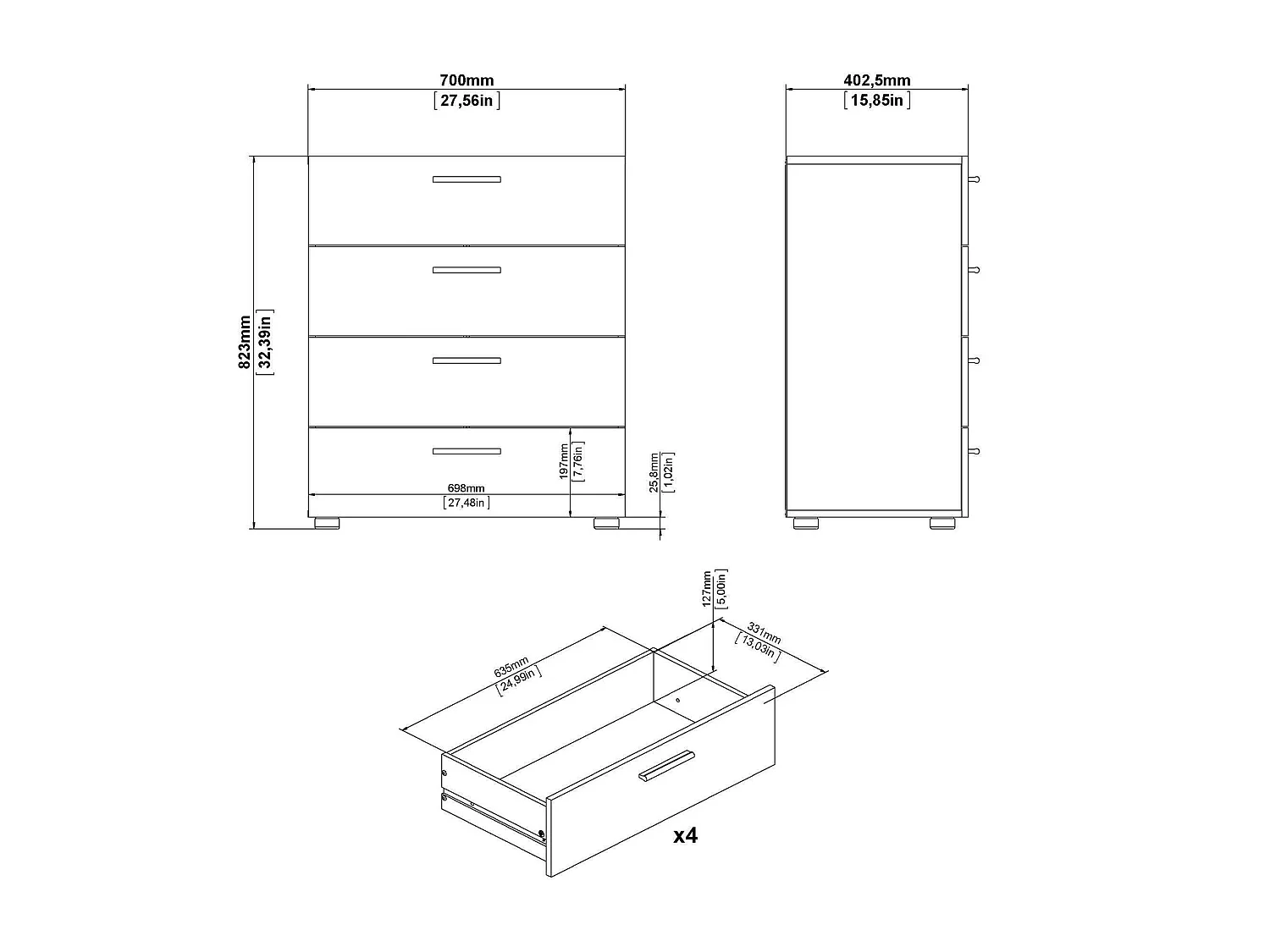 Cómoda Dromagn, Cómoda multiusos, Cómoda de quarto, Armário com gavetas, 70x40 h82 cm, Carvalho e Branco