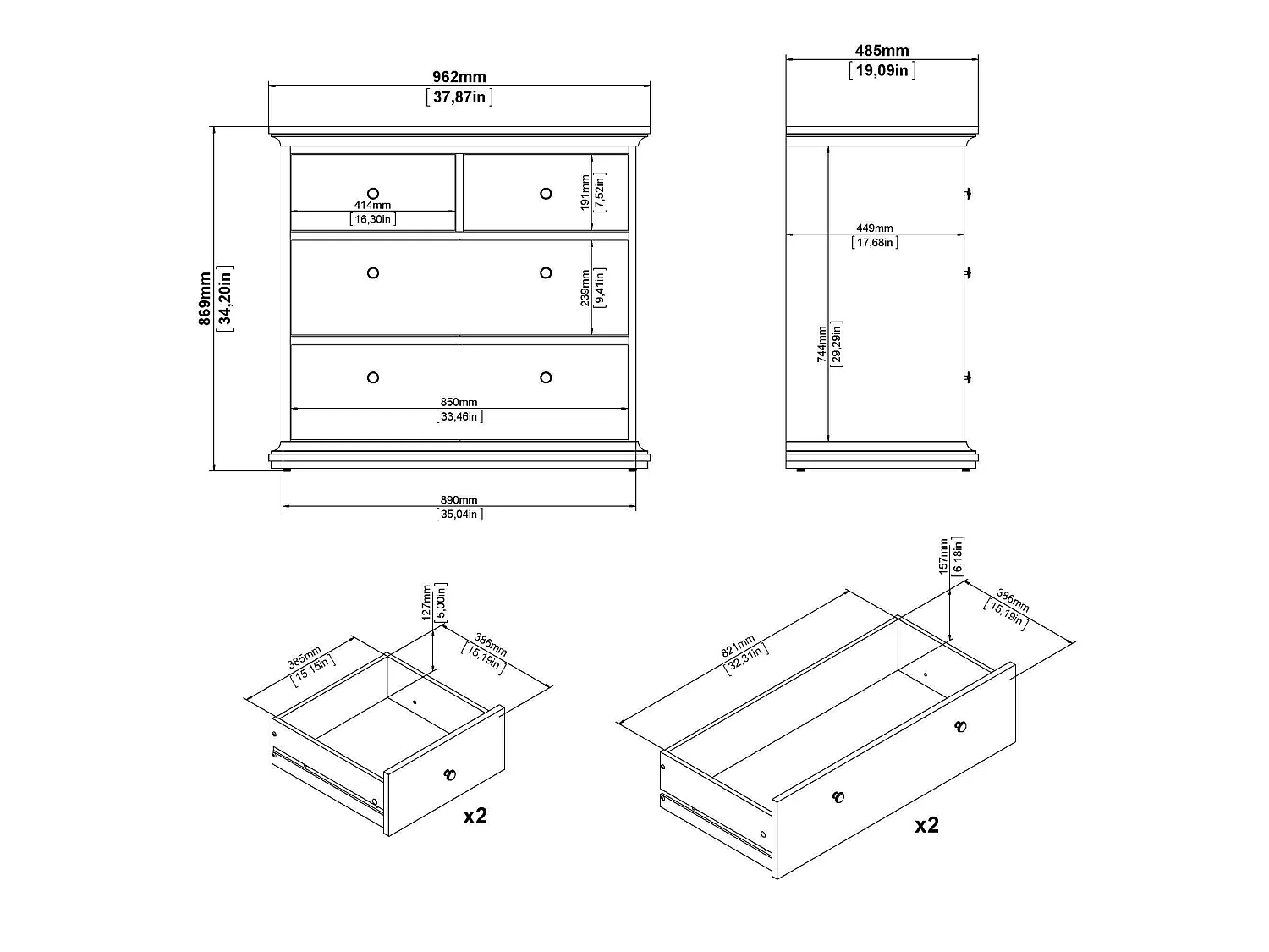 Dribold ladekast, Multifunctionele ladekast, Slaapkamerdressoir, Kast met laden, 96x49 h87 cm, Wit