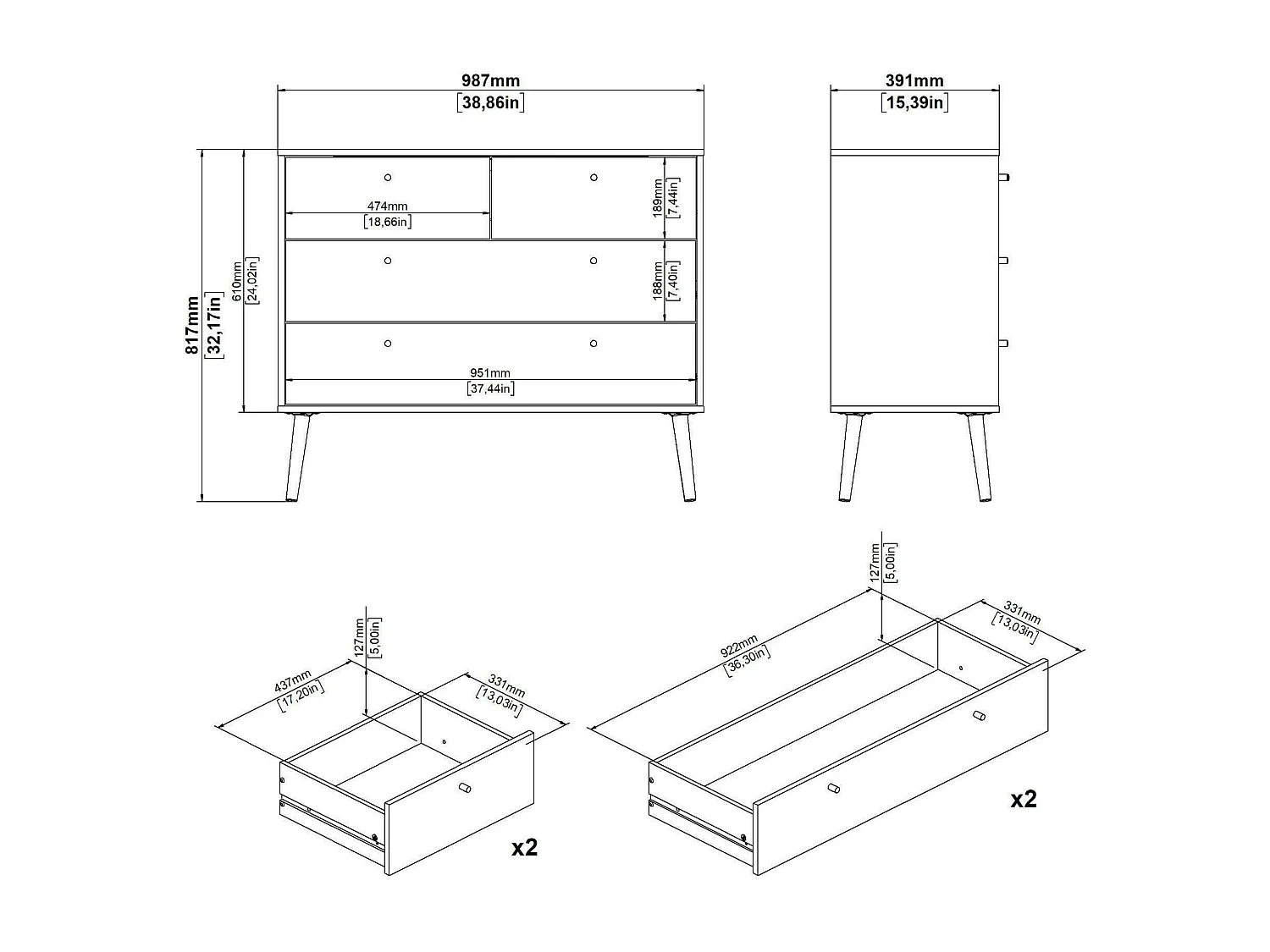Kommode Dromol, Mehrzweckkommode, Schlafzimmerkommode, Schrank mit Schubladen, 99x39 h82 cm, Grau