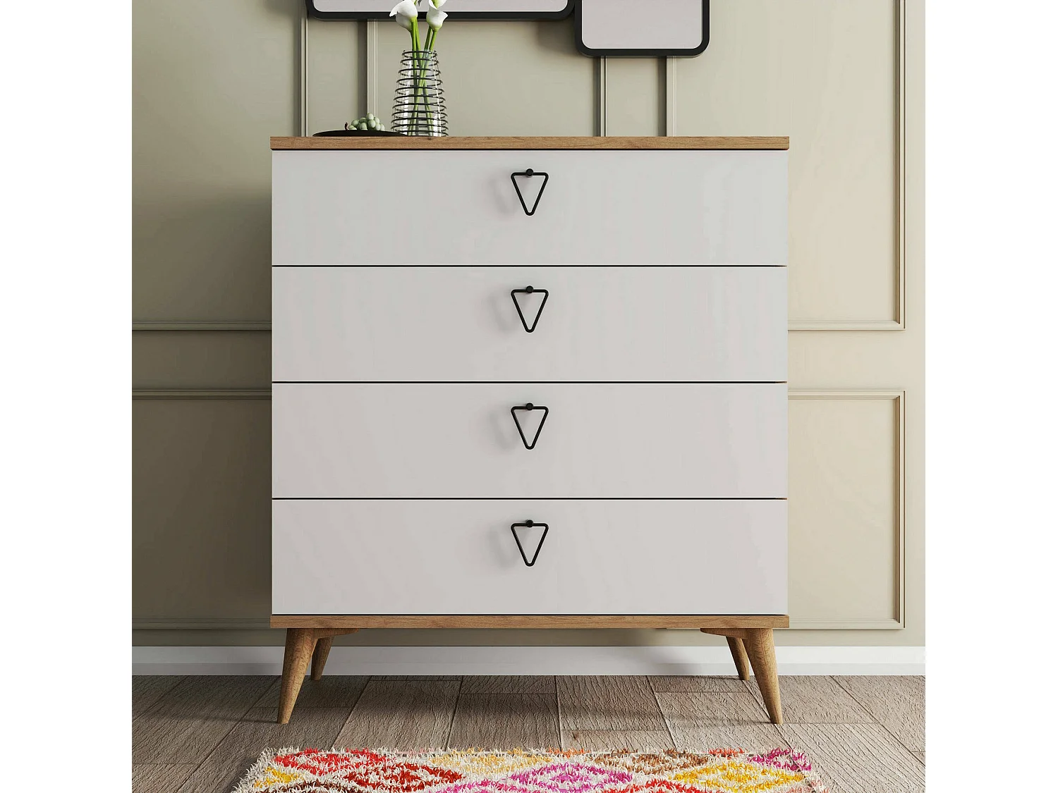 Kommode Dsmit, Mehrzweckkommode, Schlafzimmerkommode, Schrank mit Schubladen, 80x45 h91 cm, Eiche und WeiÃŸ