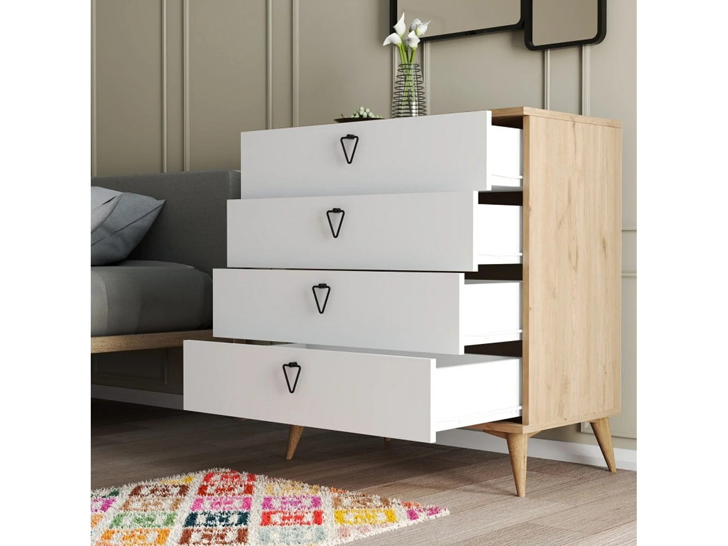 Kommode Dsmit, Mehrzweckkommode, Schlafzimmerkommode, Schrank mit Schubladen, 80x45 h91 cm, Eiche und WeiÃŸ