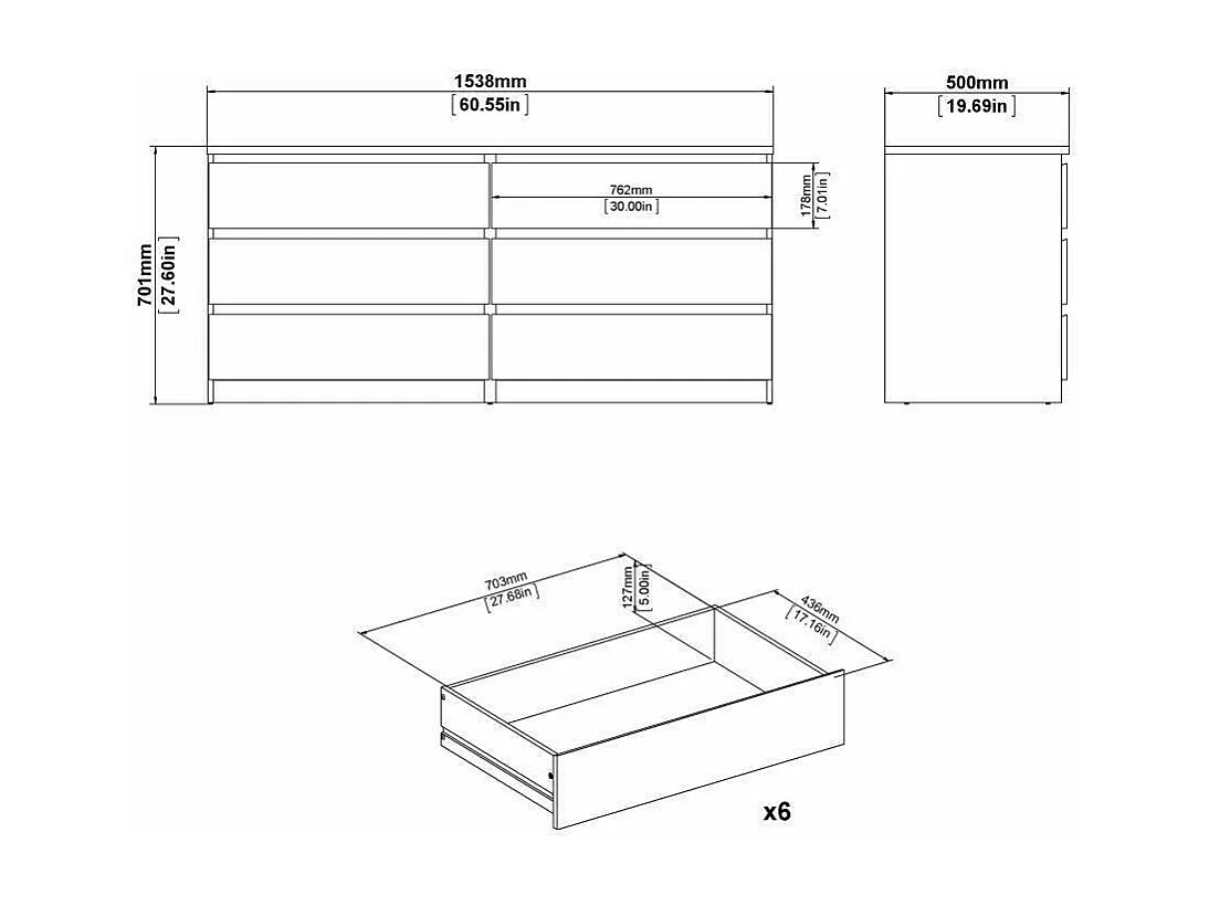 Commode Drui, Commode polyvalente, Commode de chambre, Meuble avec tiroirs, 154x50 h70 cm, Noir