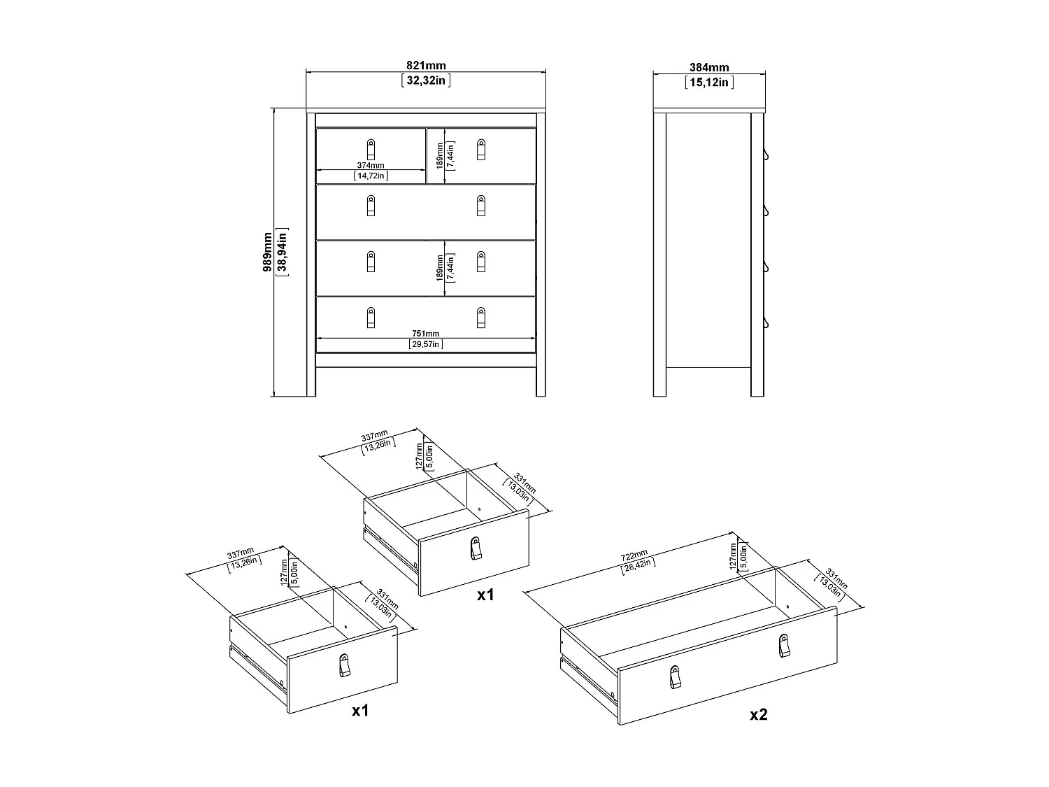 Commode Drizzol, Commode polyvalente, Commode de chambre, Meuble avec tiroirs, 82x38 h99 cm, Noir