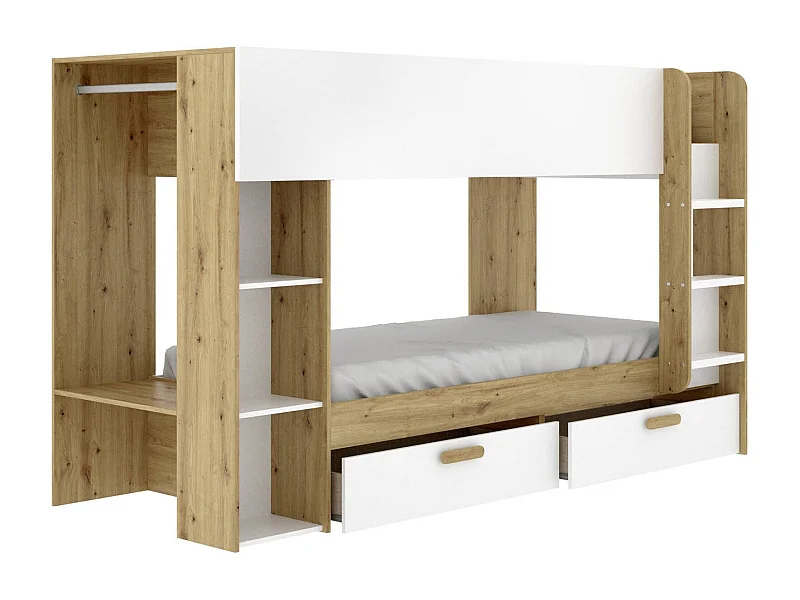 Composición del dormitorio Dmorikaw, Dormitorio completo, Dormitorio infantil, Conjunto de muebles de puente, 245x110 h150 cm, Blanco y Roble nodoso