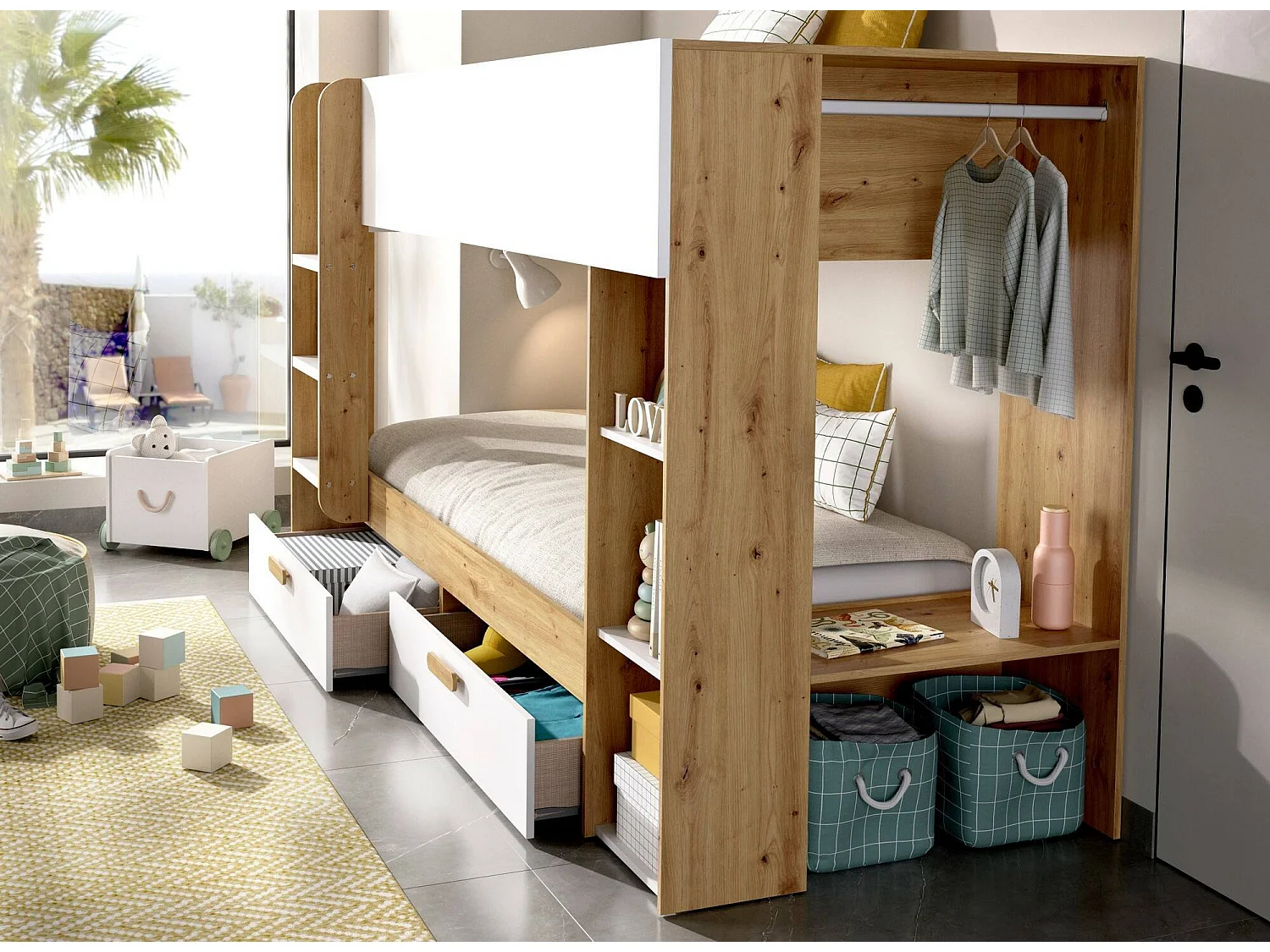 Composition chambre Keli, 2 tiroirs, 109,8x245,4x150h cm Blanc Chêne Nœuds