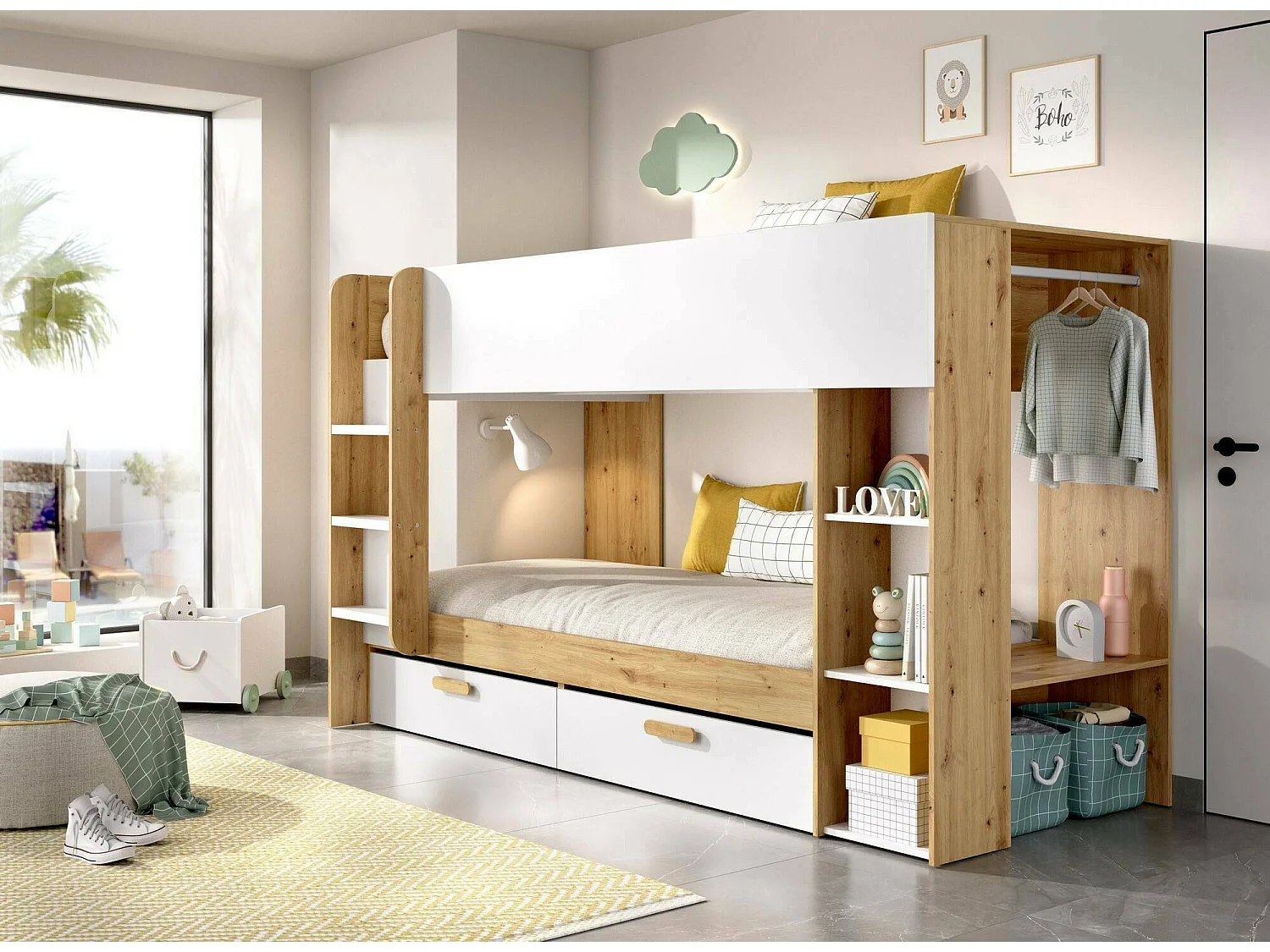 Dmorikaw slaapkamersamenstelling, Complete slaapkamer, Kinderkamer, Brugmeubelset, 245x110 h150 cm, Wit en Knoopeiken