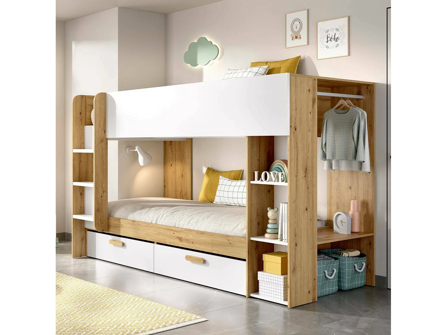Composition chambre Keli, 2 tiroirs, 109,8x245,4x150h cm Blanc Chêne Nœuds