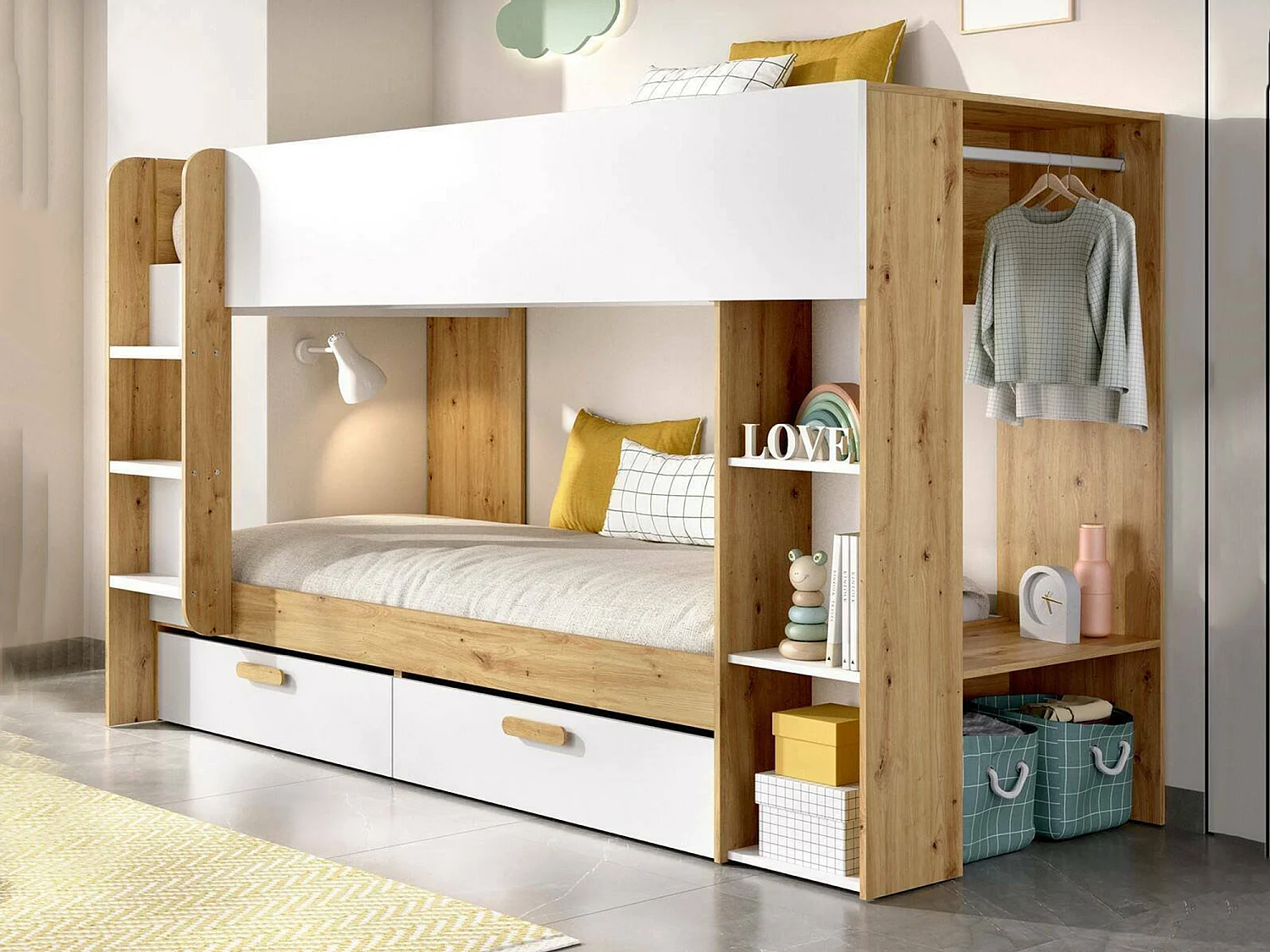 Composition chambre Keli, 2 tiroirs, 109,8x245,4x150h cm Blanc Chêne Nœuds