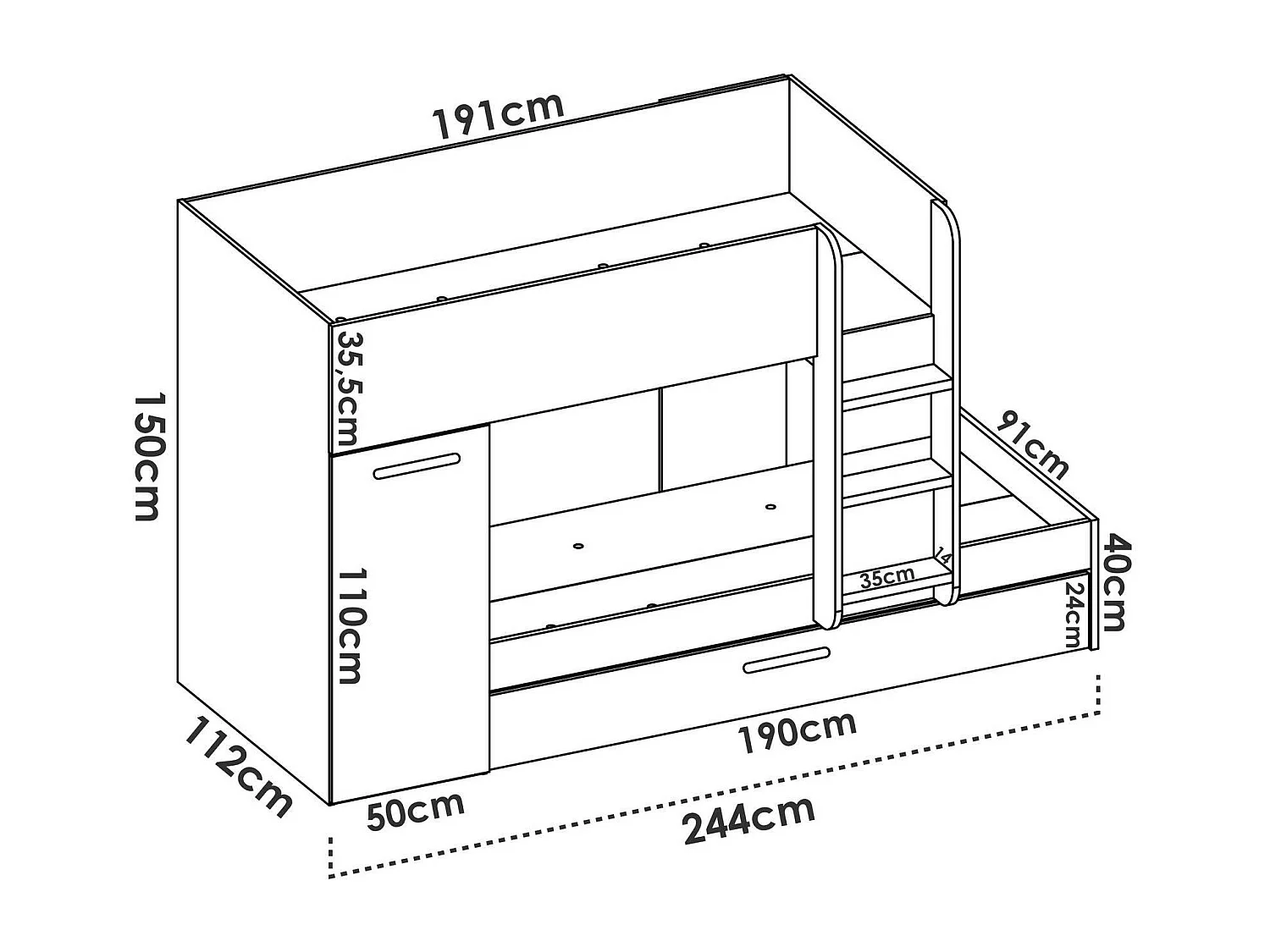 Composition de la chambre à coucher Dclar, Chambre complète, Chambre d'enfants, Kit mobilier pont, 244x112 h150 cm, Blanc et rose