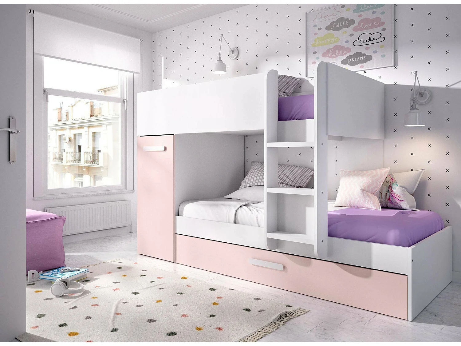 Dclar slaapkamersamenstelling, Complete slaapkamer, Kinderkamer, Bridge meubelset, 244x112 h150 cm, Wit en Roze