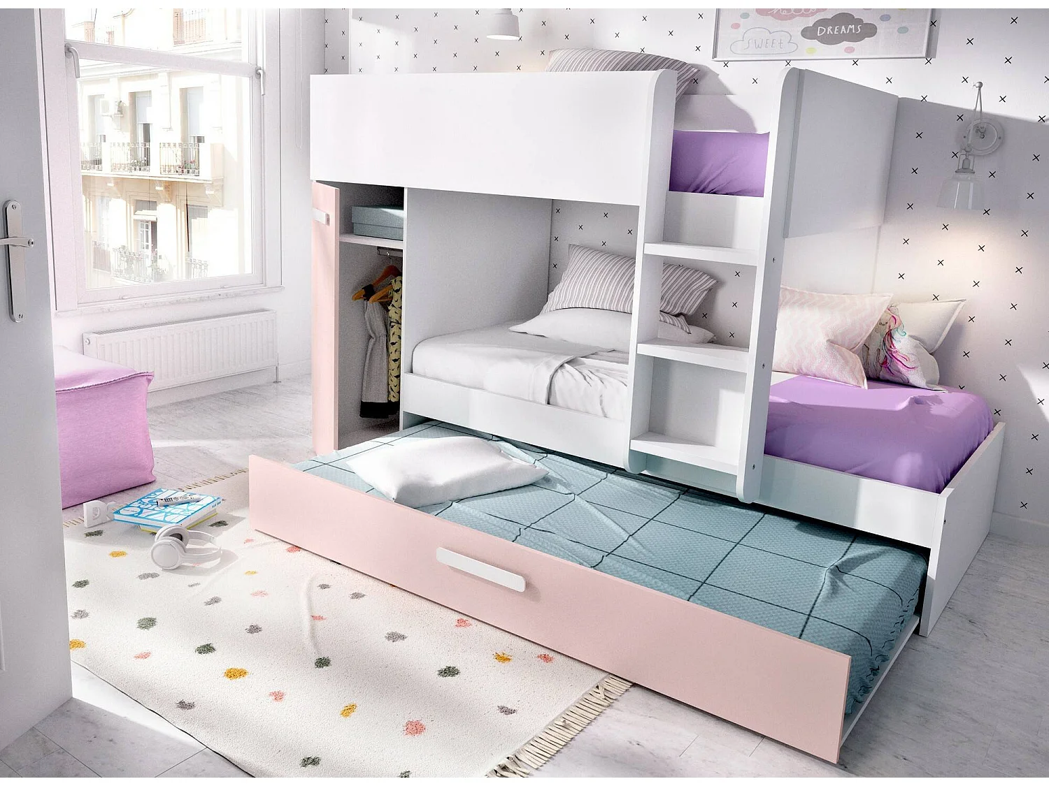 Dclar slaapkamersamenstelling, Complete slaapkamer, Kinderkamer, Bridge meubelset, 244x112 h150 cm, Wit en Roze