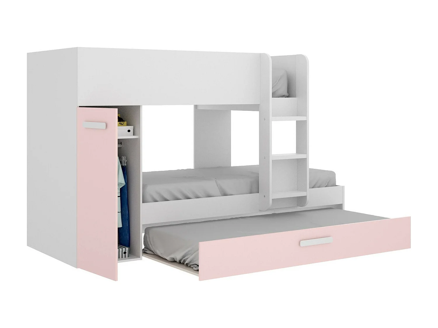 Dclar slaapkamersamenstelling, Complete slaapkamer, Kinderkamer, Bridge meubelset, 244x112 h150 cm, Wit en Roze