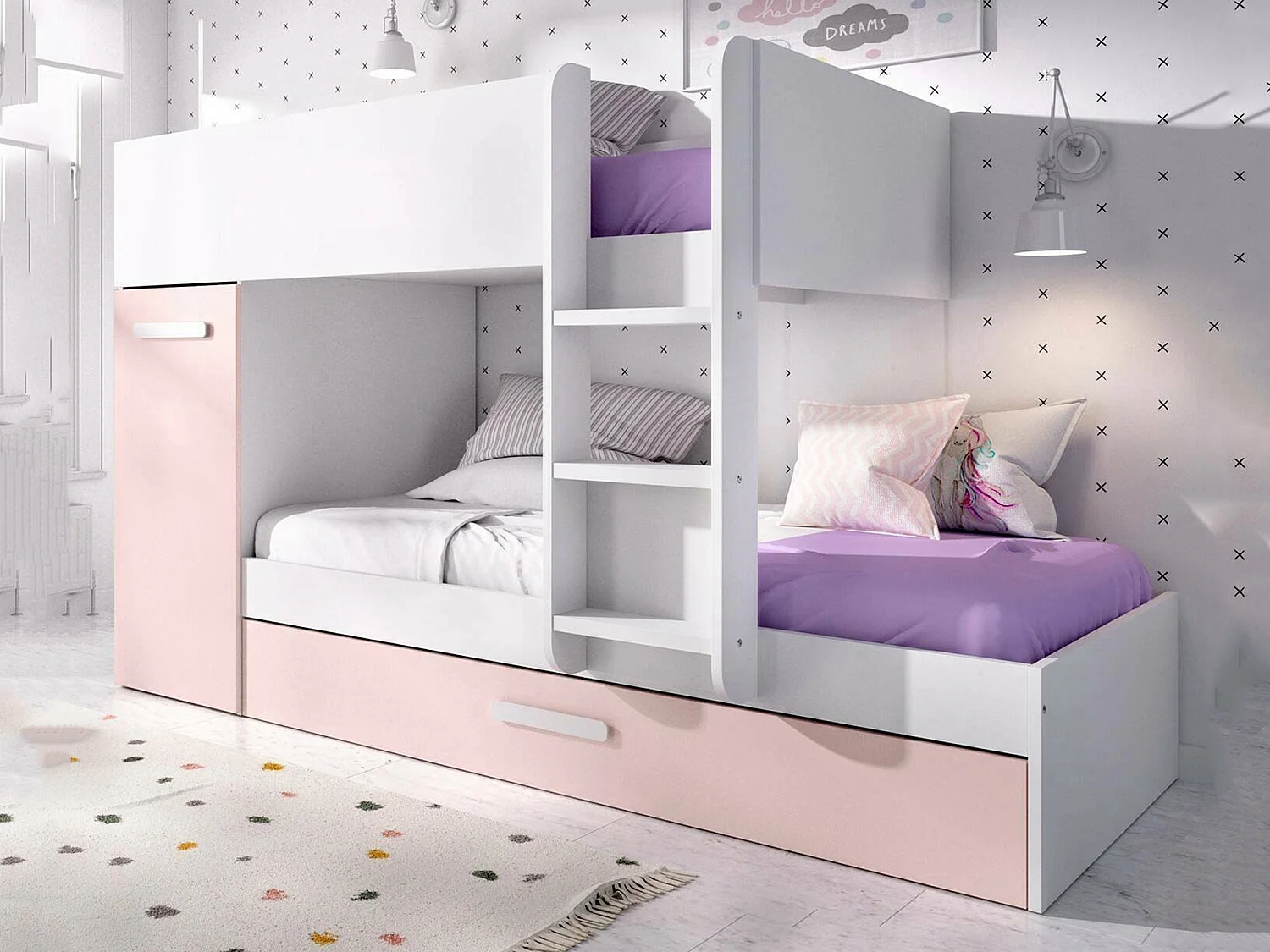 Composition de la chambre à coucher Dclar, Chambre complète, Chambre d'enfants, Kit mobilier pont, 244x112 h150 cm, Blanc et rose