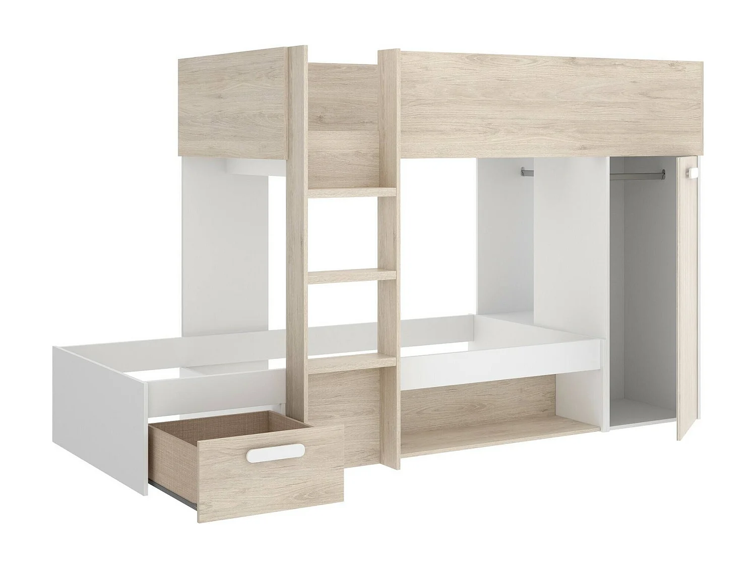 Composición del dormitorio Dmatsuyam, Dormitorio completo, Dormitorio infantil, Conjunto de muebles de puente, 246x112 h150 cm, Blanco y Roble