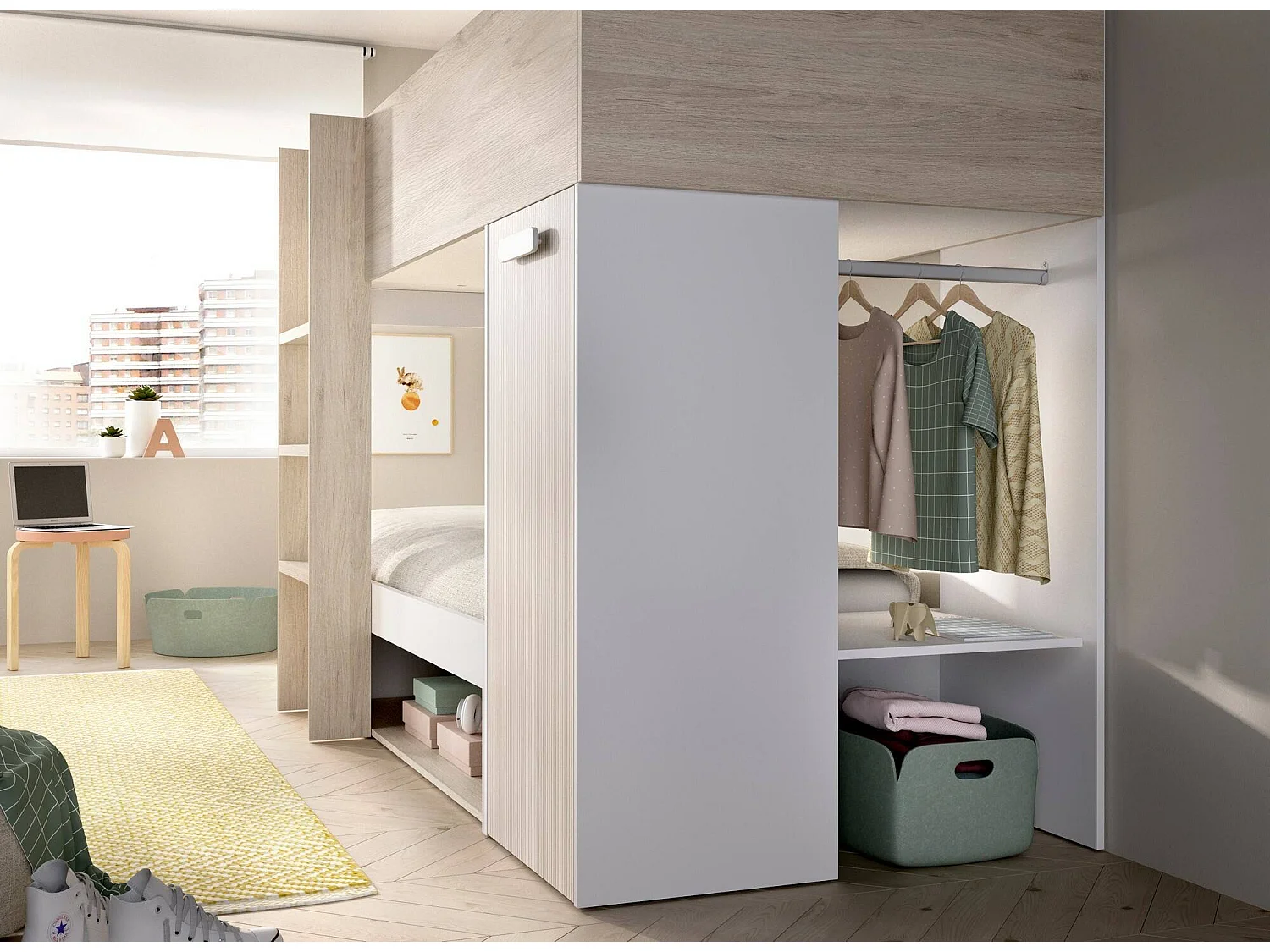 Composición del dormitorio Dmatsuyam, Dormitorio completo, Dormitorio infantil, Conjunto de muebles de puente, 246x112 h150 cm, Blanco y Roble