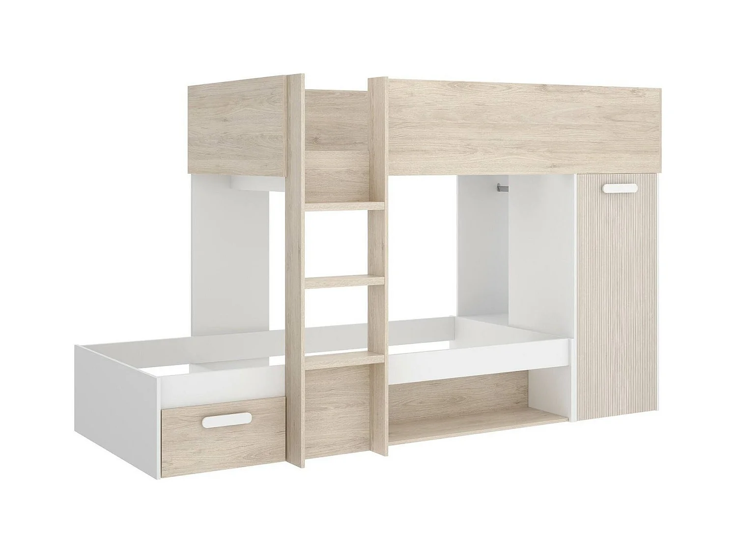 Composition de la chambre à coucher Dmatsuyam, Chambre complète, Chambre d'enfants, Kit mobilier pont, 246x112 h150 cm, Blanc et Chêne clair