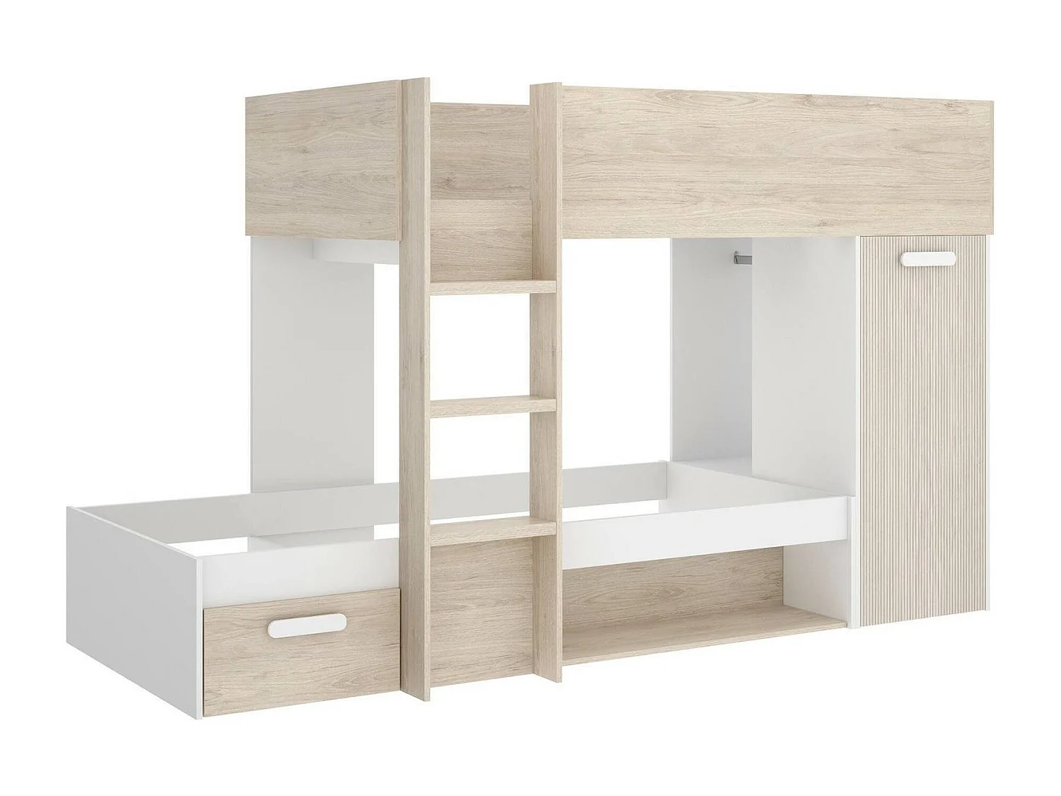 Composition de la chambre à coucher Dmatsuyam, Chambre complète, Chambre d'enfants, Kit mobilier pont, 246x112 h150 cm, Blanc et Chêne clair