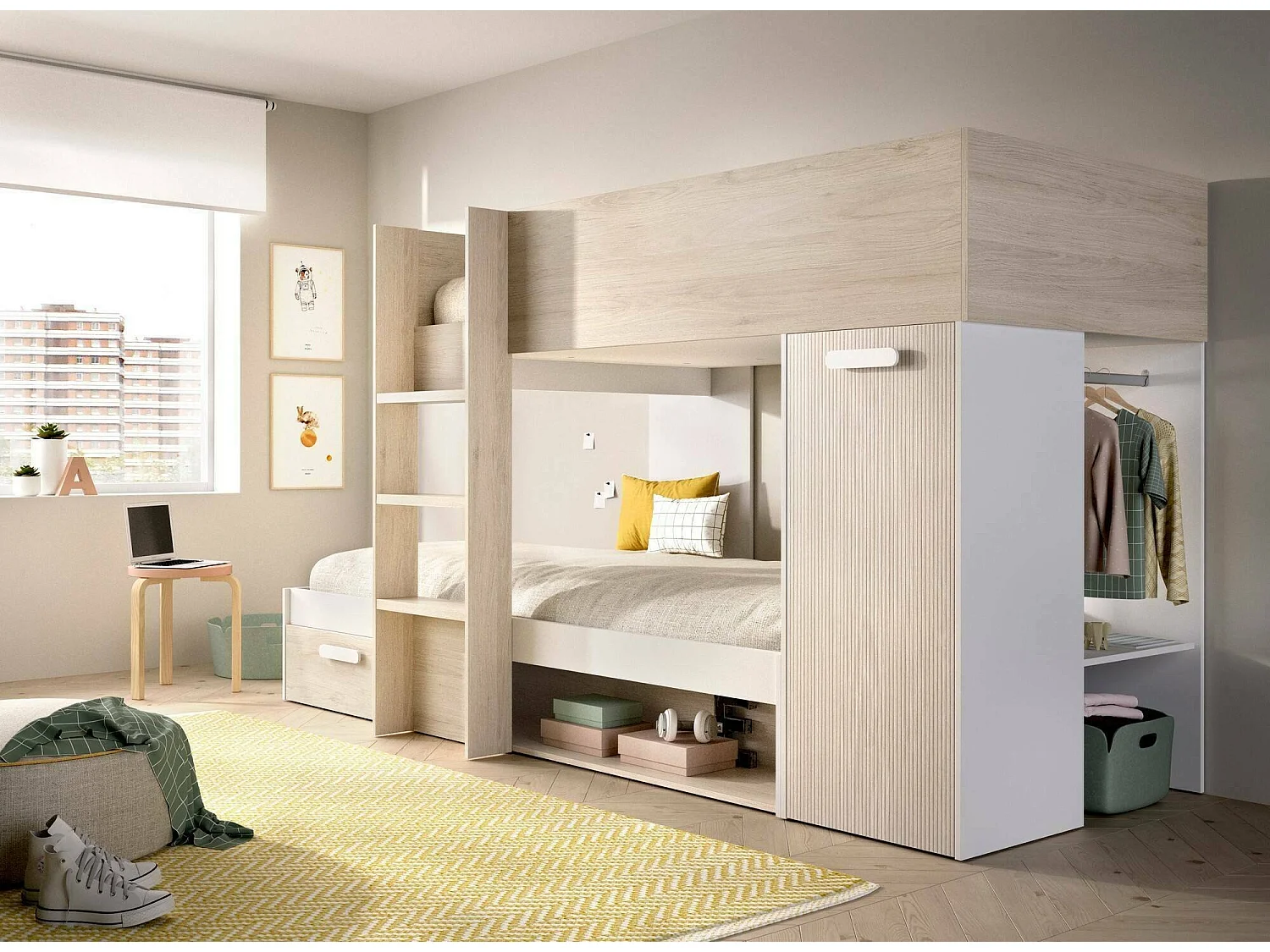 Composition de la chambre à coucher Dmatsuyam, Chambre complète, Chambre d'enfants, Kit mobilier pont, 246x112 h150 cm, Blanc et Chêne clair
