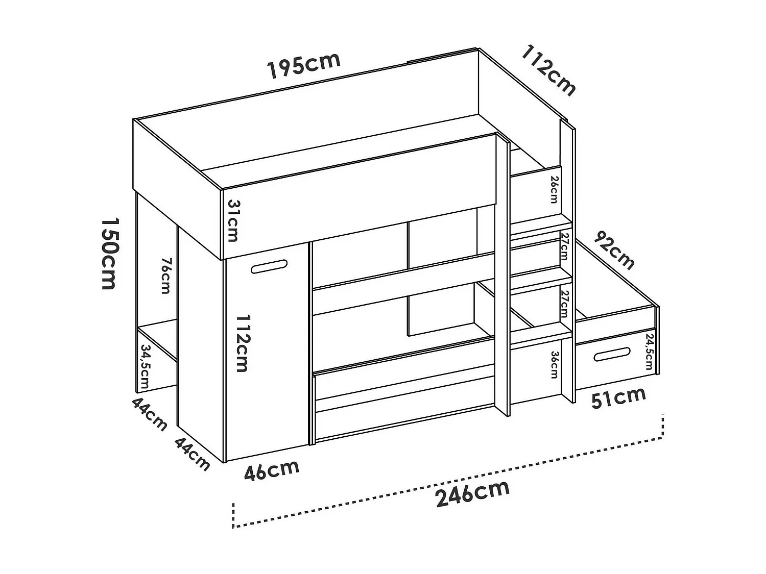 Composition de la chambre à coucher Dmatsuyam, Chambre complète, Chambre d'enfants, Kit mobilier pont, 246x112 h150 cm, Blanc et Chêne clair