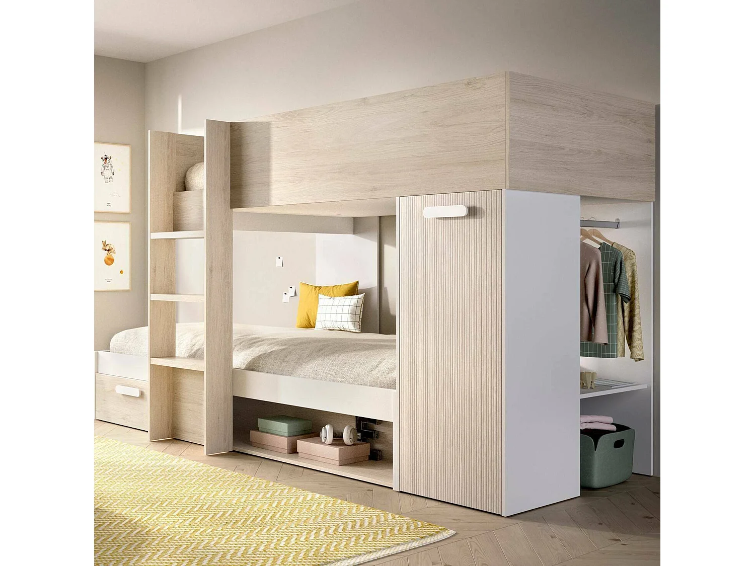 Composition de la chambre à coucher Dmatsuyam, Chambre complète, Chambre d'enfants, Kit mobilier pont, 246x112 h150 cm, Blanc et Chêne clair