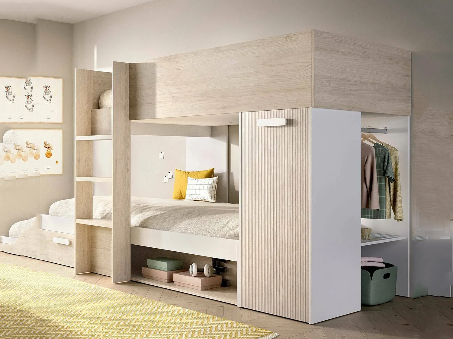 Composition de la chambre à coucher Dmatsuyam, Chambre complète, Chambre d'enfants, Kit mobilier pont, 246x112 h150 cm, Blanc et Chêne clair