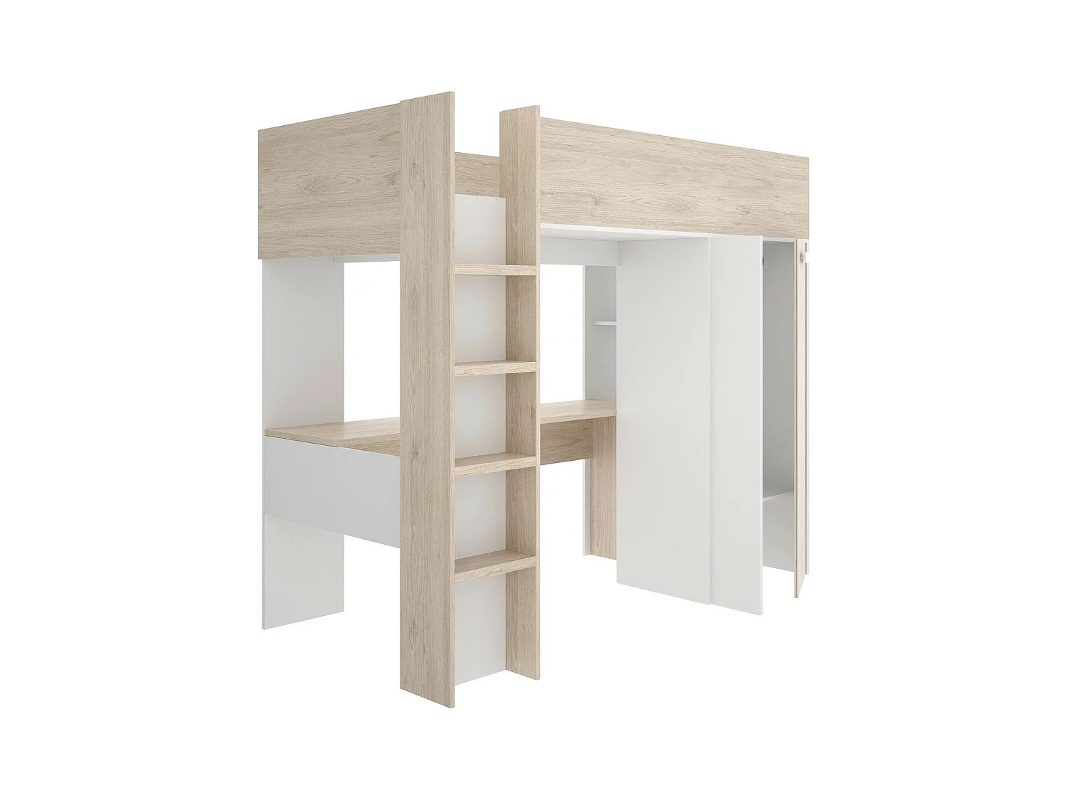 Composition de la chambre à coucher Dhovlan, Chambre complète, Chambre d'enfants, Kit mobilier pont, 206x111 h178 cm, Blanc et Chêne clair