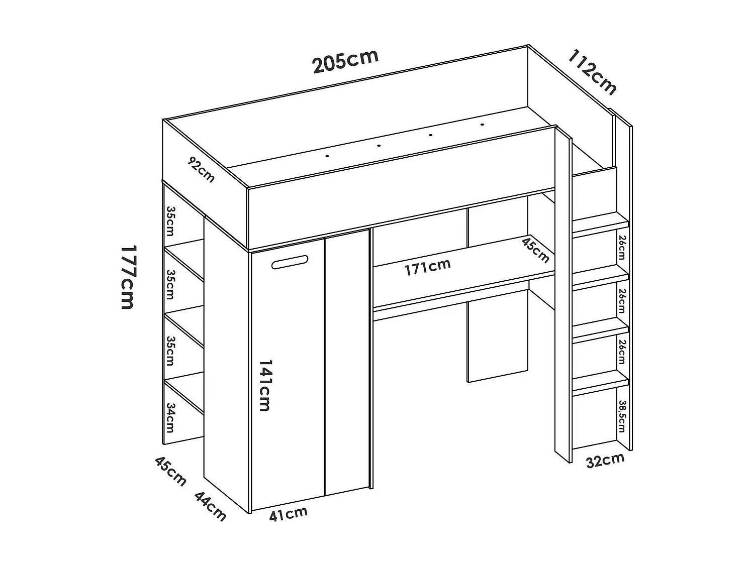Schlafzimmer Dhovlan, Komplettes Schlafzimmer, Kinderzimmer, Loft-Bett Kit, 206x111 h178 cm, WeiÃŸ und Eiche