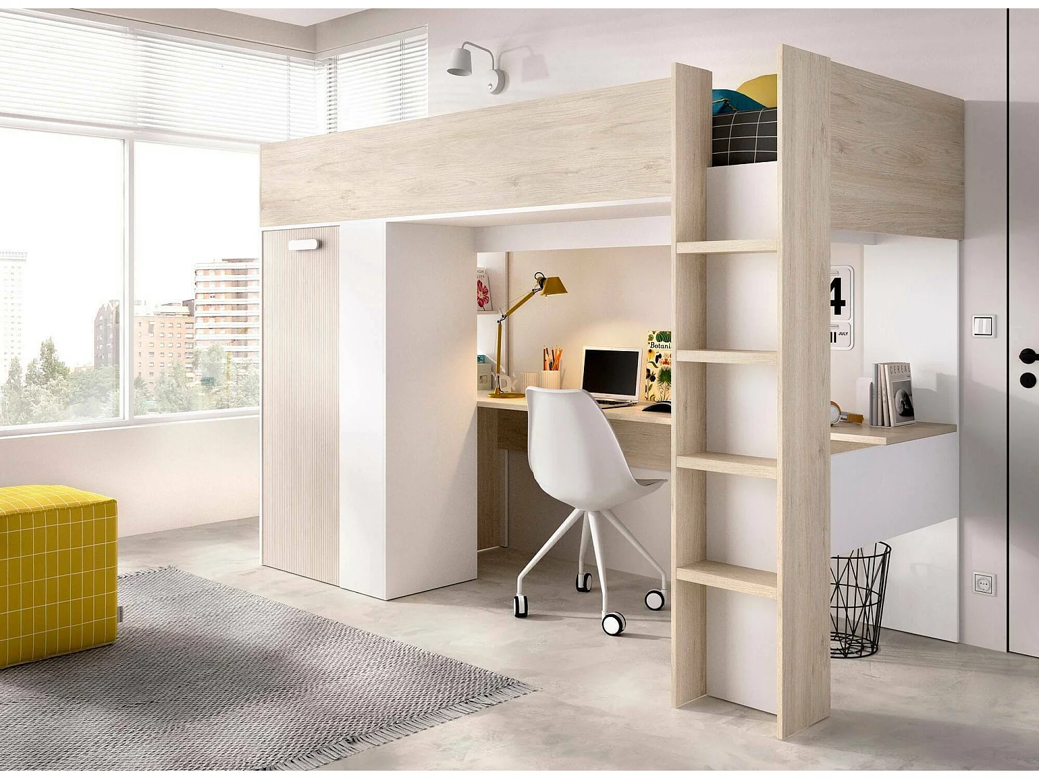 Dhovlan slaapkamersamenstelling, Complete slaapkamer, Kinderkamer, Brugmeubelset, 206x111 h178 cm, Wit en Eiken