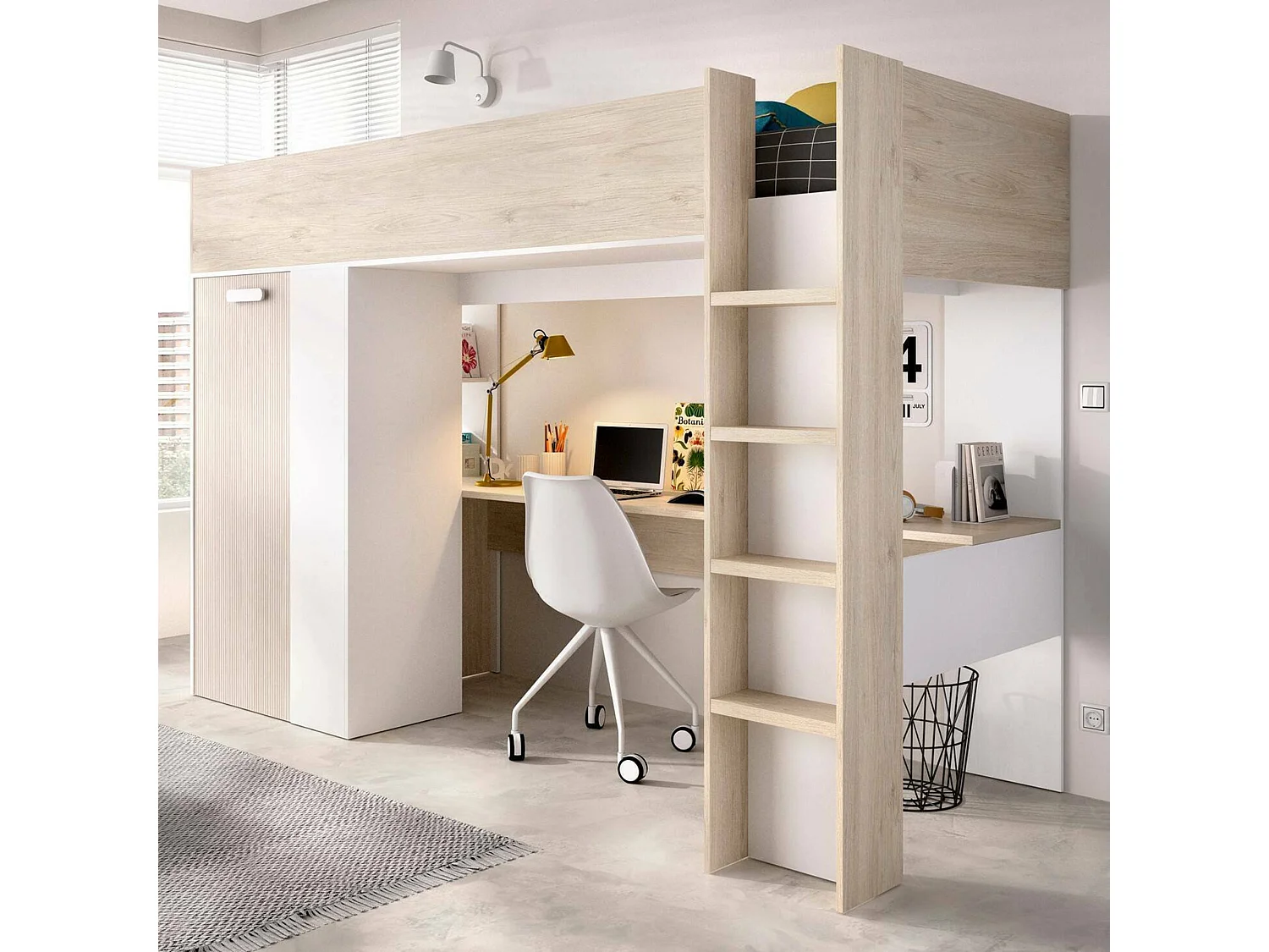 Composition de la chambre à coucher Dhovlan, Chambre complète, Chambre d'enfants, Kit mobilier pont, 206x111 h178 cm, Blanc et Chêne clair