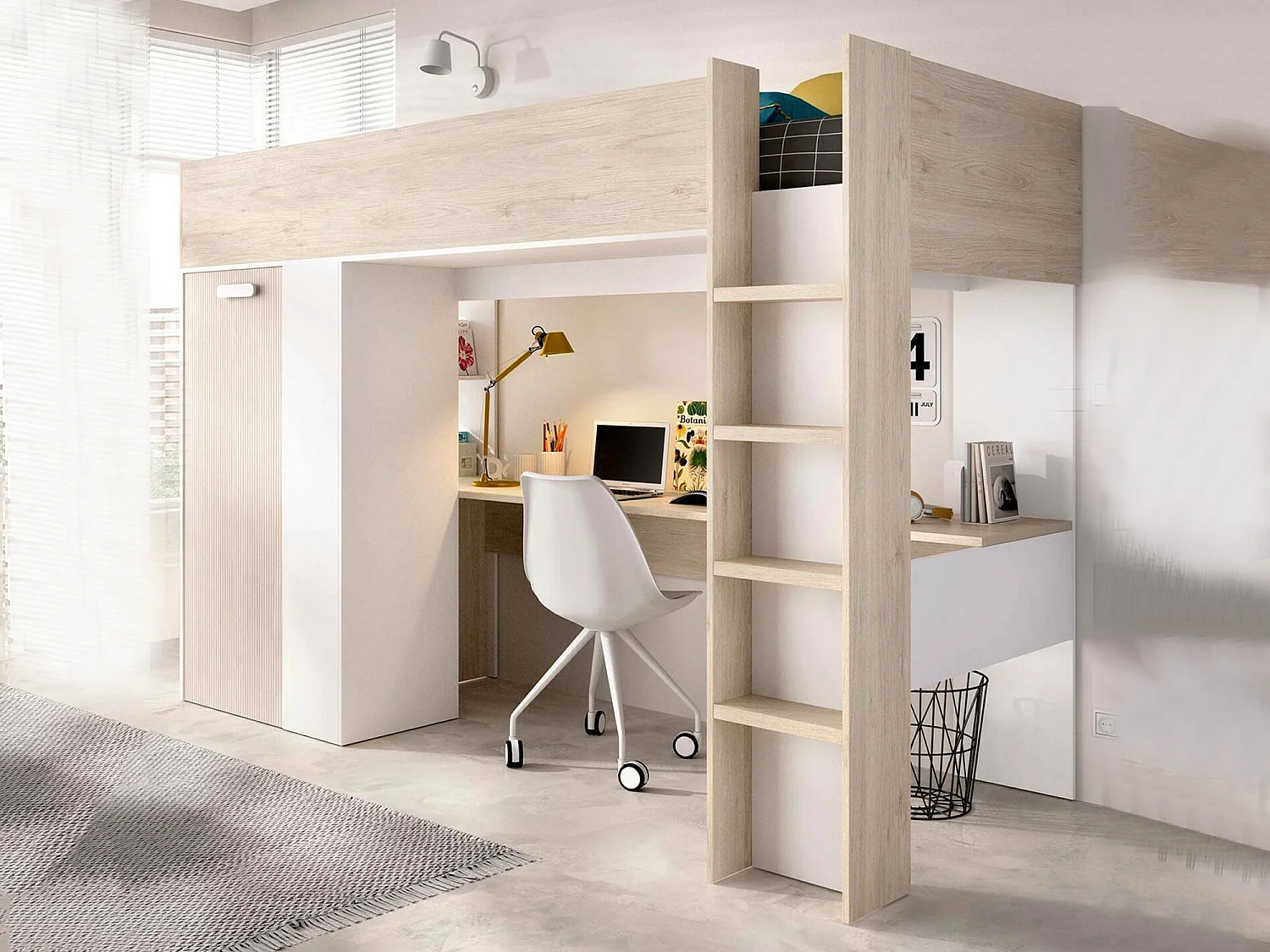Composition de la chambre à coucher Dhovlan, Chambre complète, Chambre d'enfants, Kit mobilier pont, 206x111 h178 cm, Blanc et Chêne clair