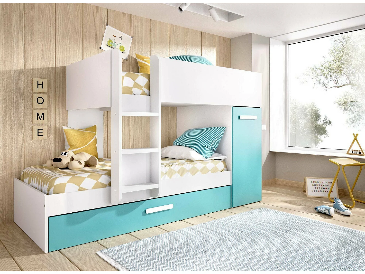 Composición del dormitorio Dclar, Dormitorio completo, Dormitorio infantil, Conjunto de muebles de puente, 244x112 h150 cm, Azul claro y Blanco