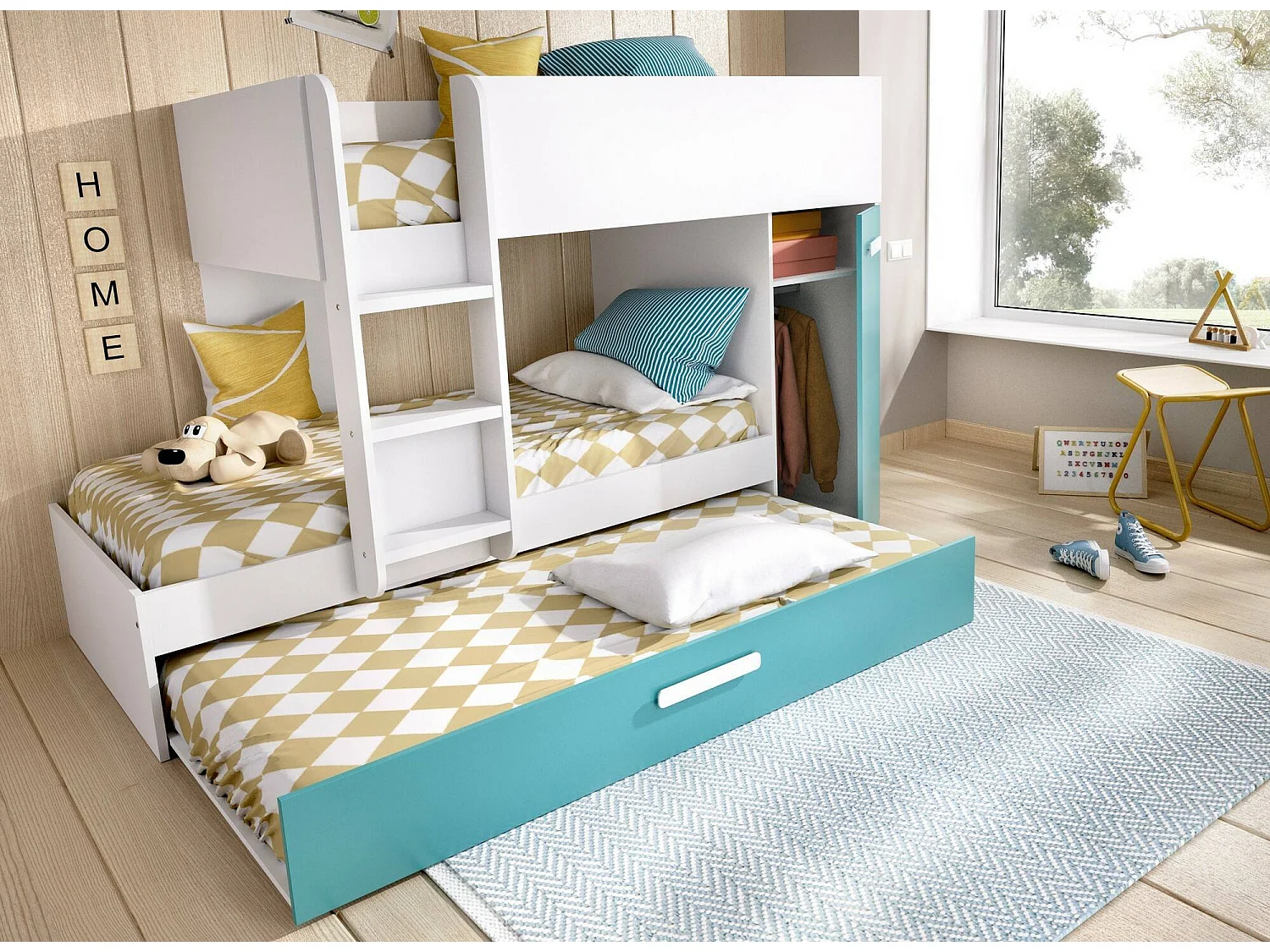 Composición del dormitorio Dclar, Dormitorio completo, Dormitorio infantil, Conjunto de muebles de puente, 244x112 h150 cm, Azul claro y Blanco