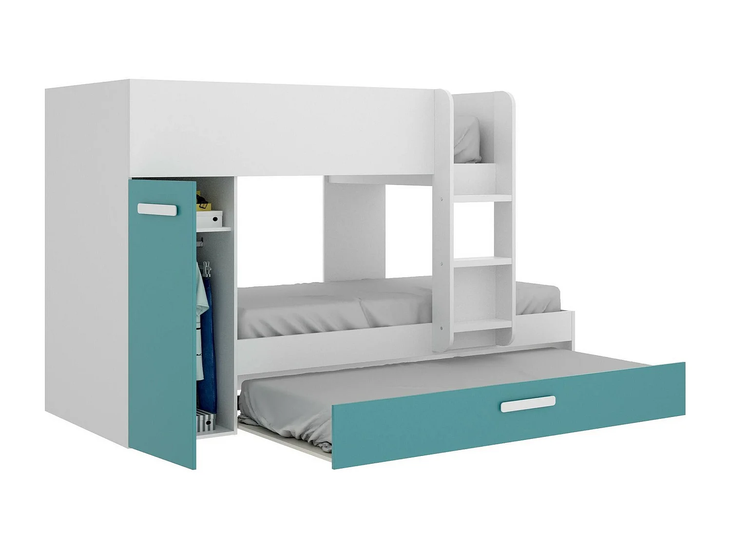 Composición del dormitorio Dclar, Dormitorio completo, Dormitorio infantil, Conjunto de muebles de puente, 244x112 h150 cm, Azul claro y Blanco