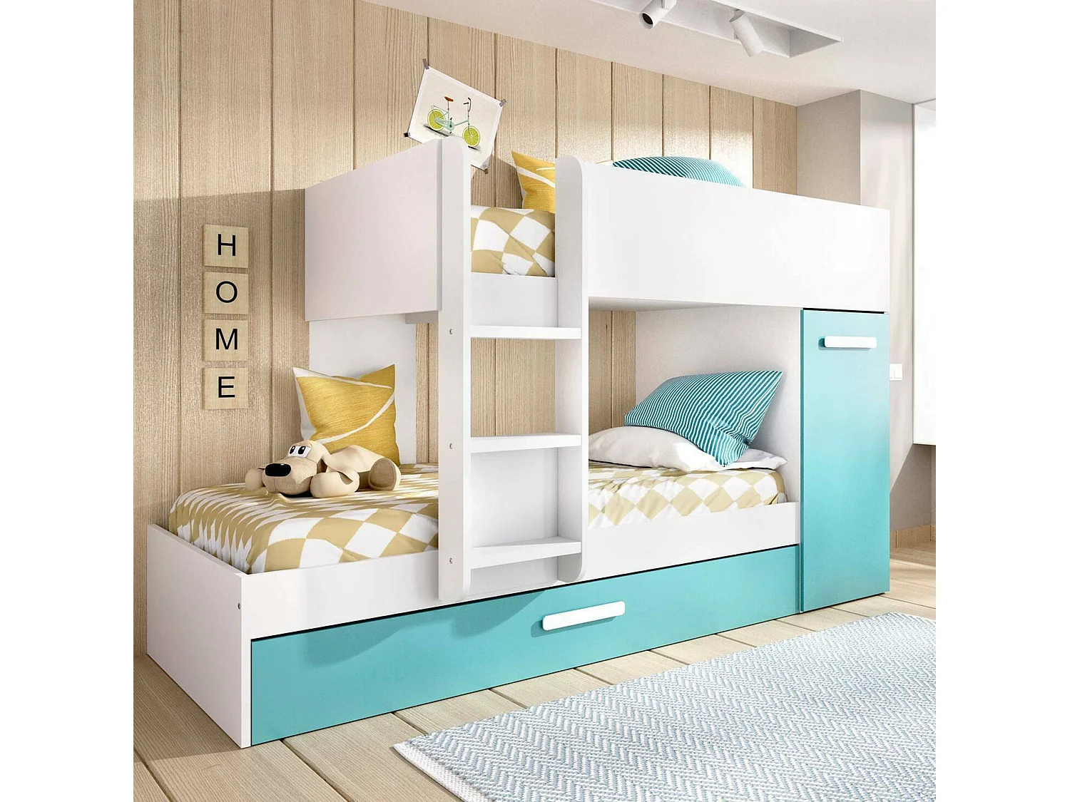 Composition de la chambre à coucher Dclar, Chambre complète, Chambre d'enfants, Kit mobilier pont, 244x112 h150 cm, Bleu et blanc