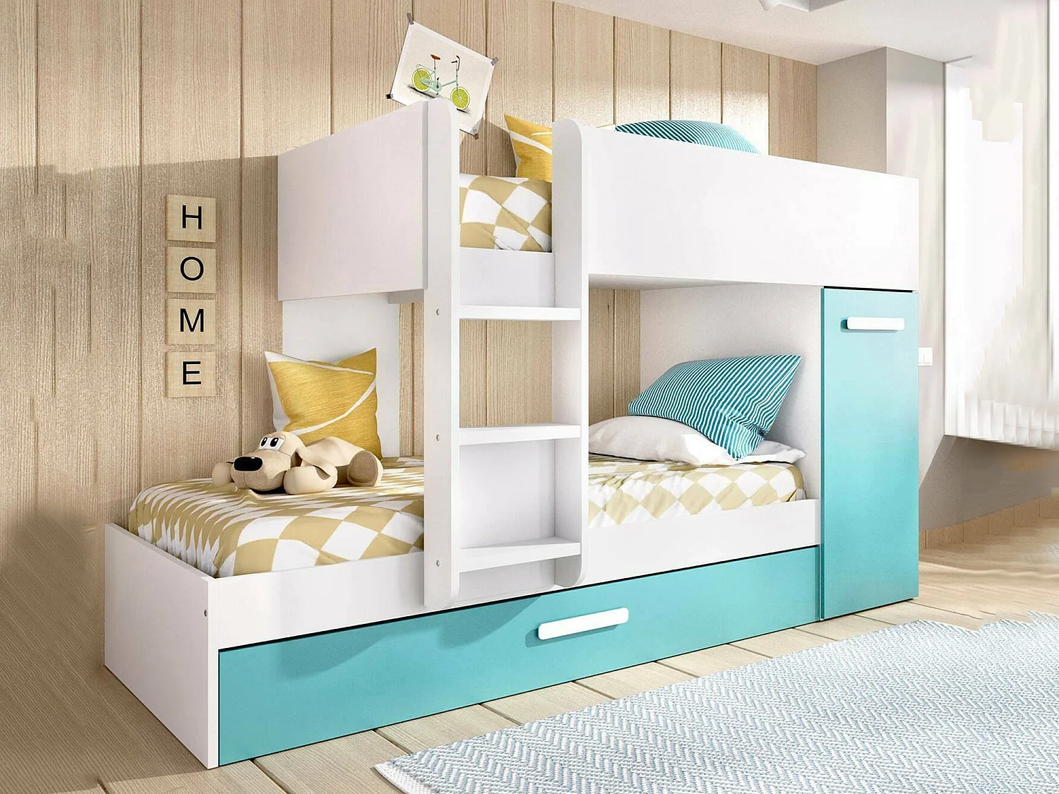 Composition de la chambre à coucher Dclar, Chambre complète, Chambre d'enfants, Kit mobilier pont, 244x112 h150 cm, Bleu et blanc
