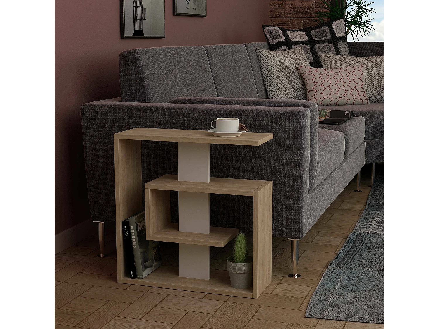 Dpivatell salontafel, Lage salontafel, Tijdschriftenrek voor bank, Woonkamerplank, 55x20 h57 cm, Eiken en Wit