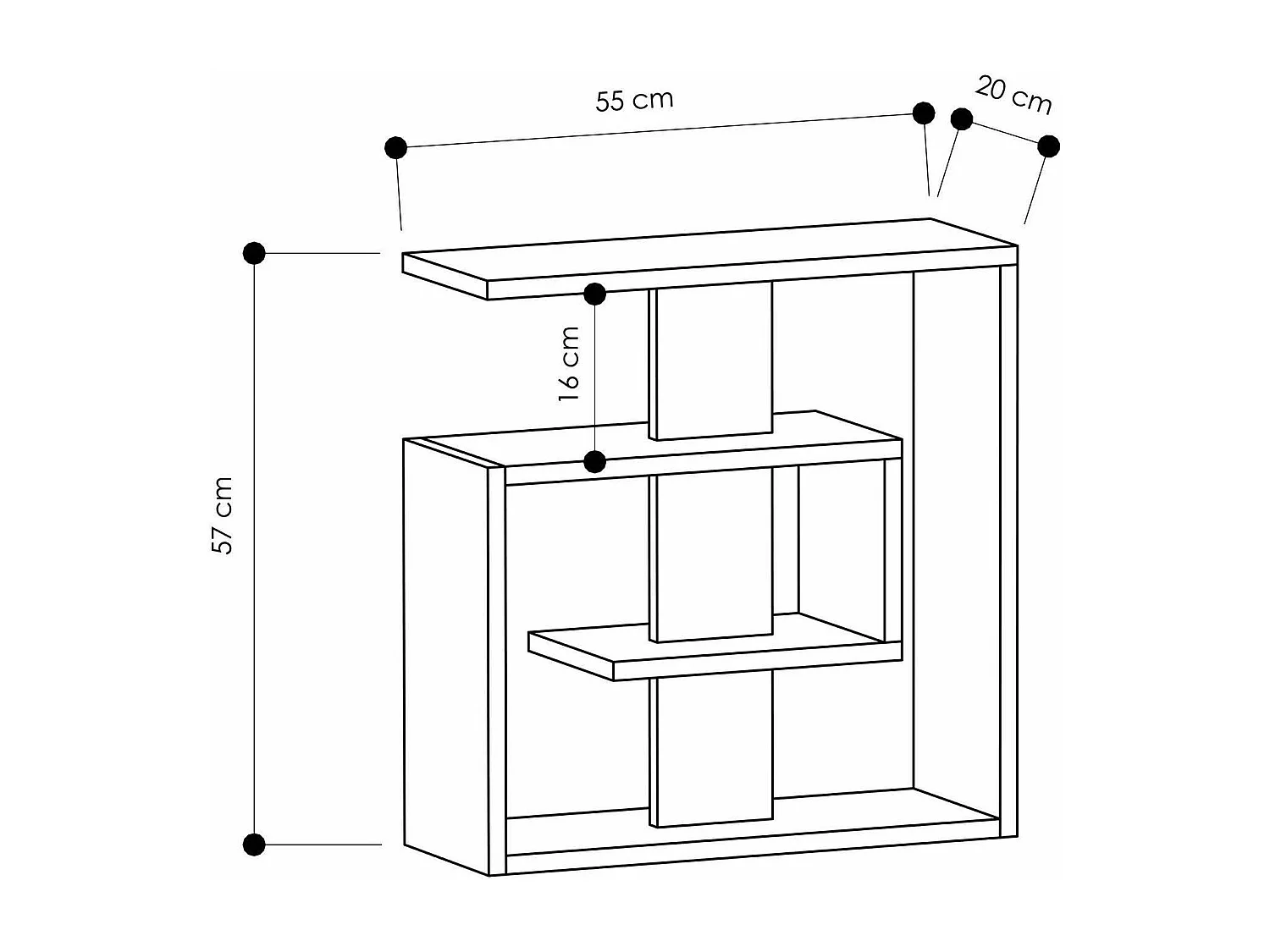 Dpivatell salontafel, Lage salontafel, Tijdschriftenrek voor bank, Woonkamerplank, 55x20 h57 cm, Eiken en Wit