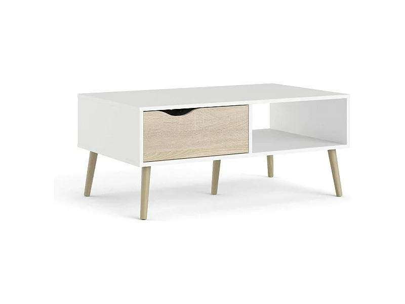 Wohnzimmertisch Dvannin, Niedriger Wohnzimmertisch, Kaffeeregal, Couchtisch für Sofa, 99x60 h43 cm, WeiÃŸ und Eiche