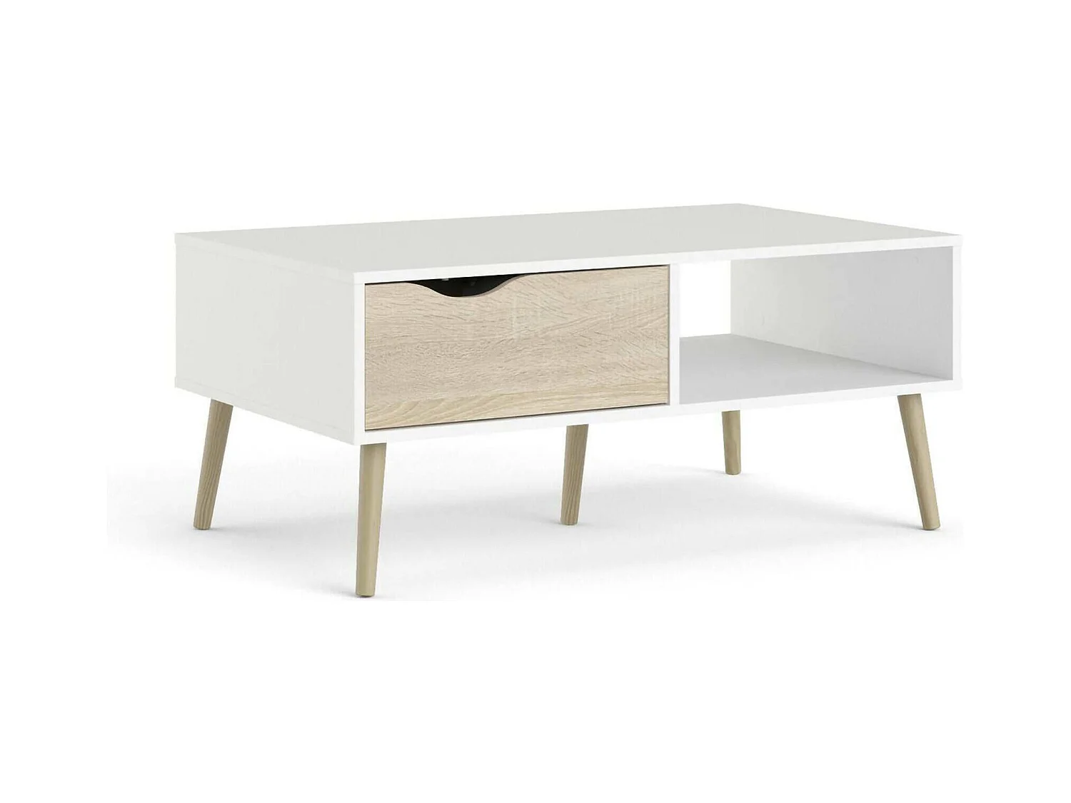 Table basse Dvannin, Table basse, Porte-revues pour canapé, Etagère de salon, 99x60 h43 cm, Blanc et chêne
