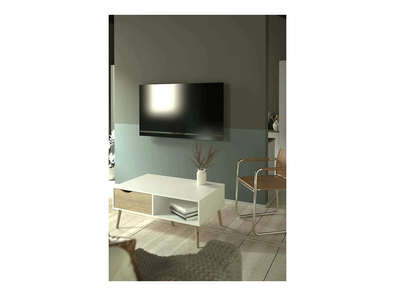 Table basse Dvannin, Table basse, Porte-revues pour canapé, Etagère de salon, 99x60 h43 cm, Blanc et chêne