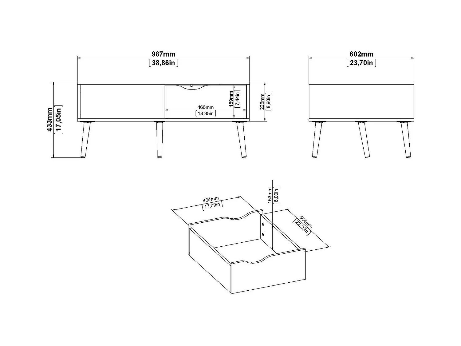 Table basse Dvannin, Table basse, Porte-revues pour canapé, Etagère de salon, 99x60 h43 cm, Blanc et chêne