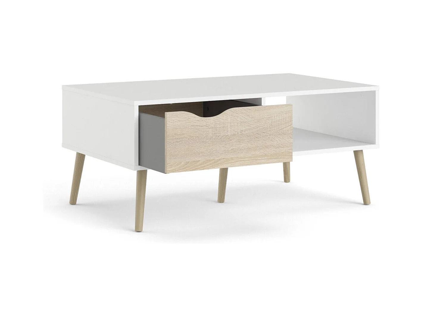 Table basse Dvannin, Table basse, Porte-revues pour canapé, Etagère de salon, 99x60 h43 cm, Blanc et chêne