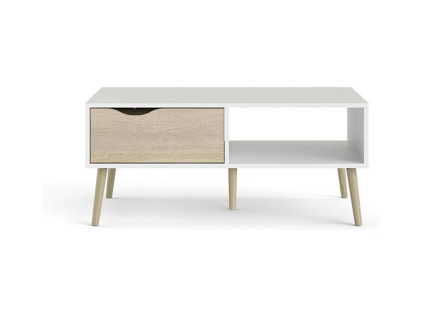 Table basse Dvannin, Table basse, Porte-revues pour canapé, Etagère de salon, 99x60 h43 cm, Blanc et chêne
