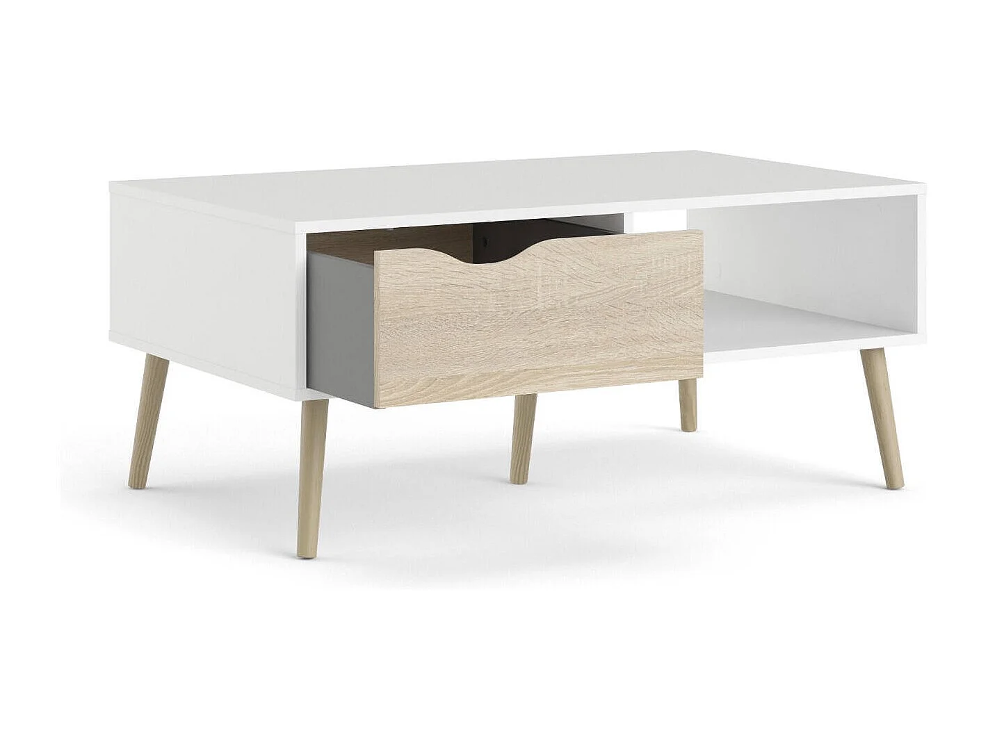 Table basse Dvannin, Table basse, Porte-revues pour canapé, Etagère de salon, 99x60 h43 cm, Blanc et chêne