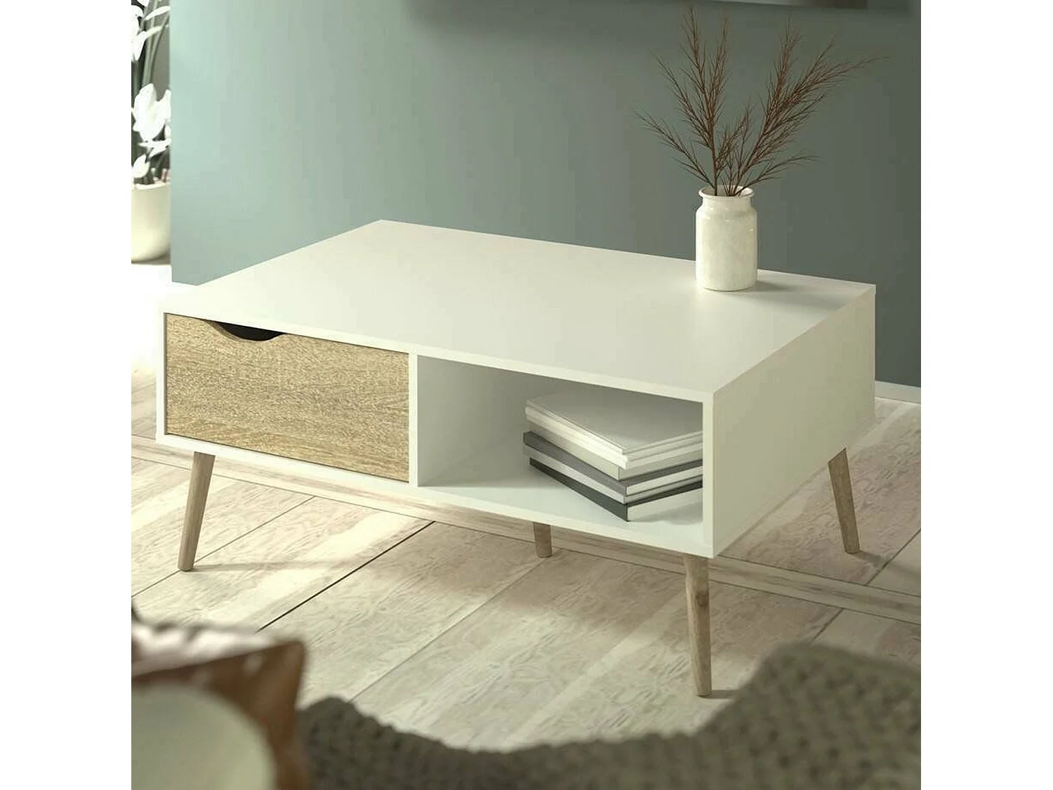 Table basse Dvannin, Table basse, Porte-revues pour canapé, Etagère de salon, 99x60 h43 cm, Blanc et chêne