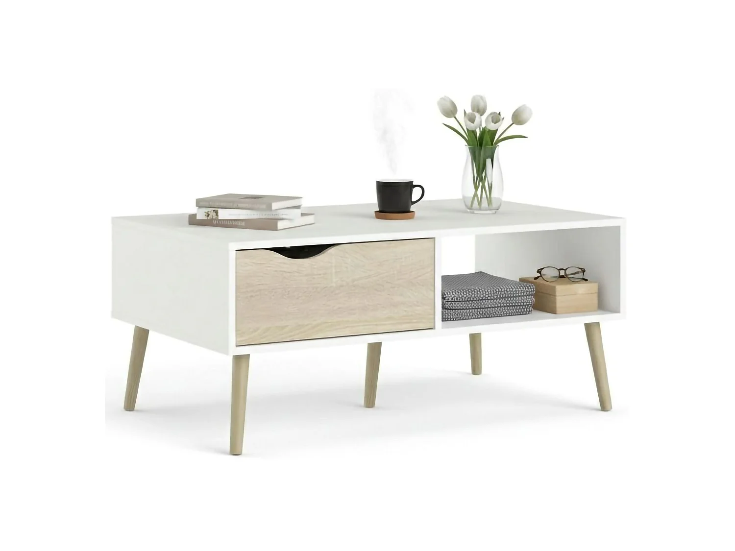 Mesa de centro Dvannin, Mesa de centro baixa, Porta-revistas para sofá, Estante de sala, 99x60 h43 cm, Branco e Carvalho