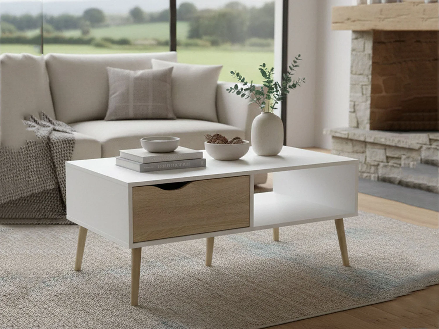 Mesa de centro Dvannin, Mesa de centro baixa, Porta-revistas para sofá, Estante de sala, 99x60 h43 cm, Branco e Carvalho