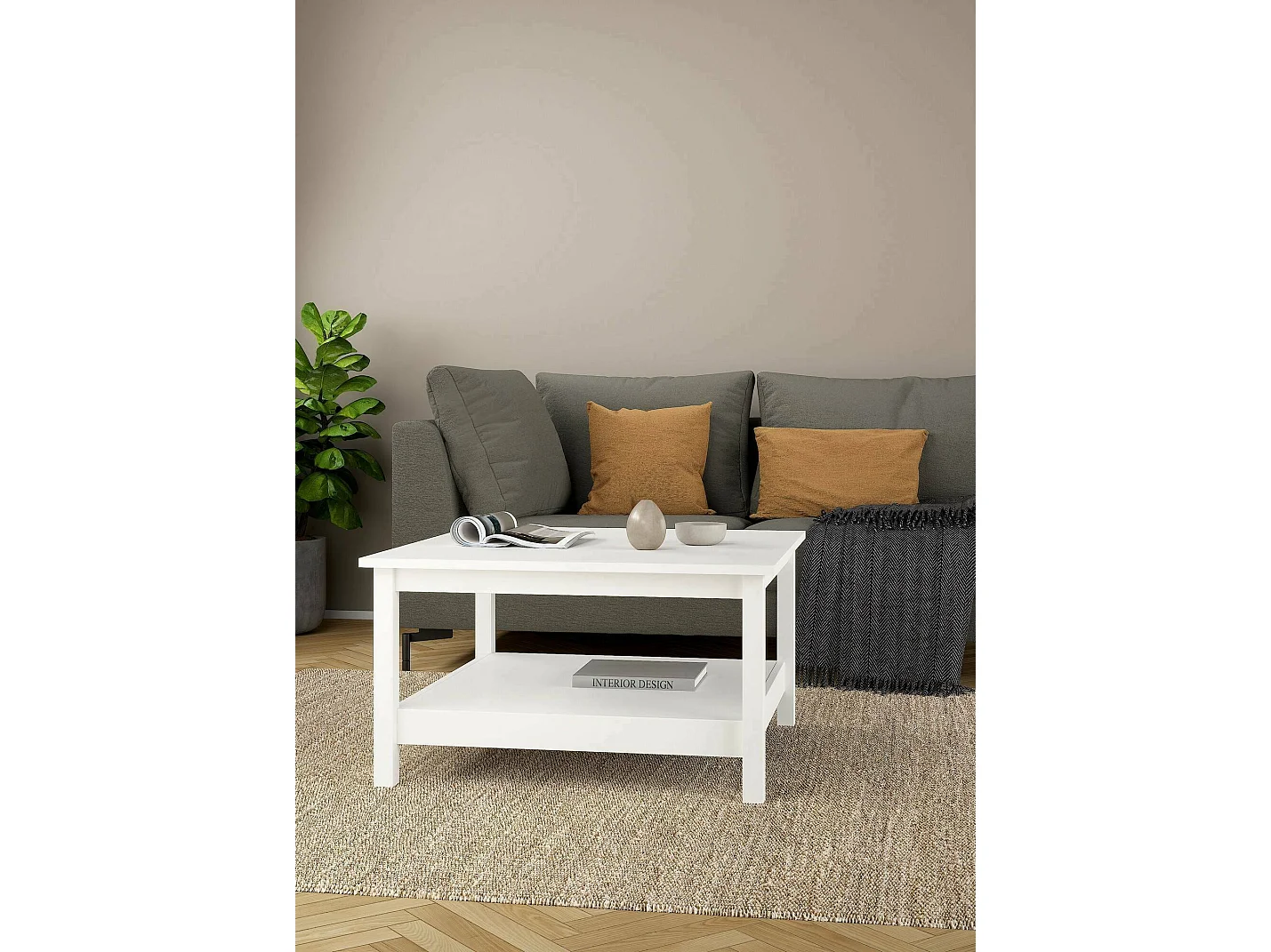 Table basse Dvalzani, Table basse, Porte-revues pour canapé, Etagère de salon, 81x81 h45 cm, Blanc