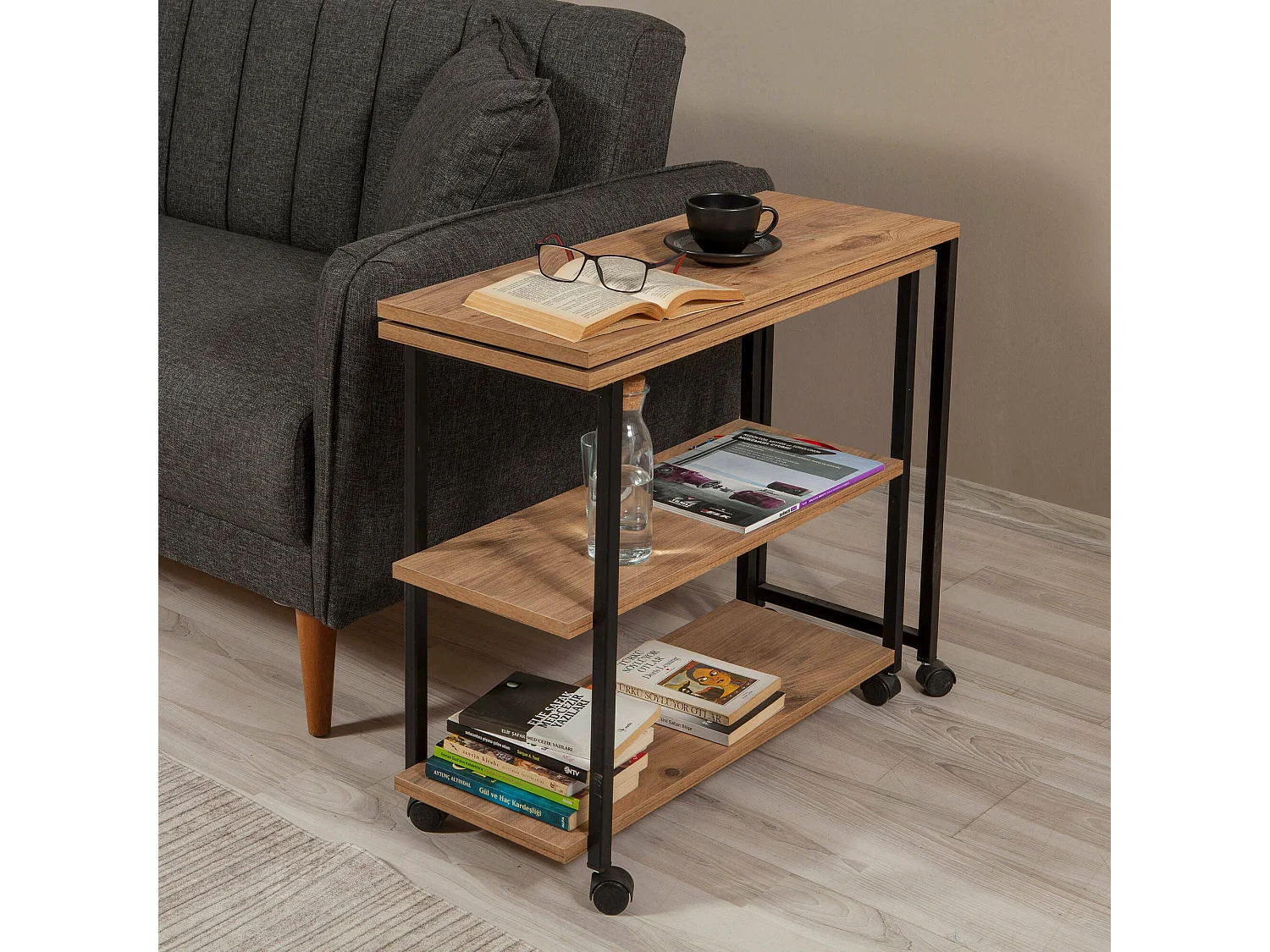 Table basse Dmarcodagrac, Table basse, Porte-revues pour canapé, Etagère de salon, 70x76 h63 cm, Chêne et Noir